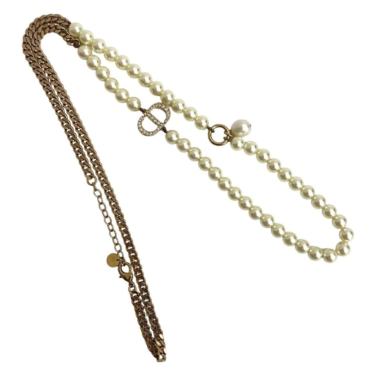 Christian Dior CD Logo GP Faux Pearl Chain Necklace Pendant Gold 09189