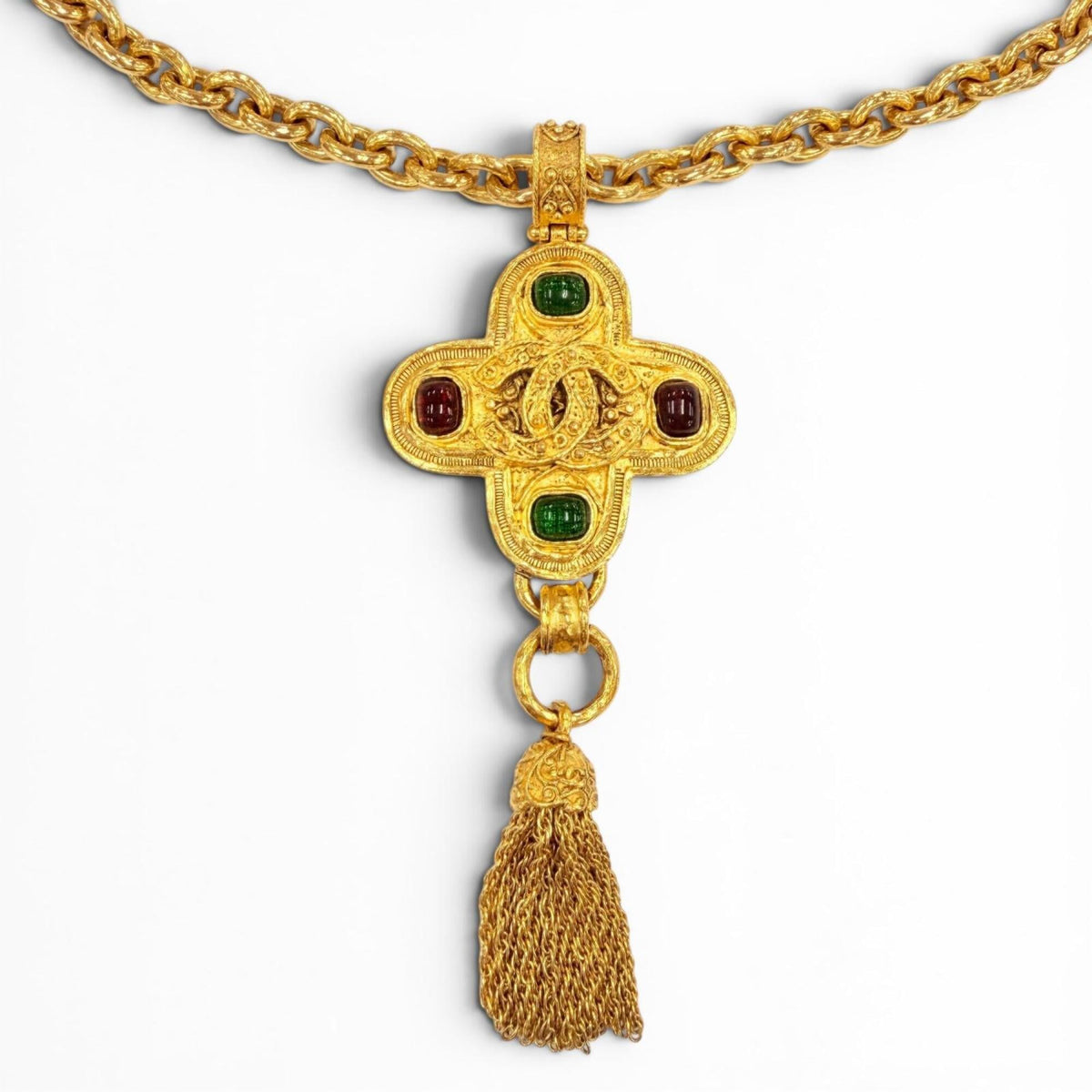 CHANEL Vintage 94A Coco Mark Gripoix Cross Fringe Long Necklace, Rare Gold, Made in France, Women's — Like New