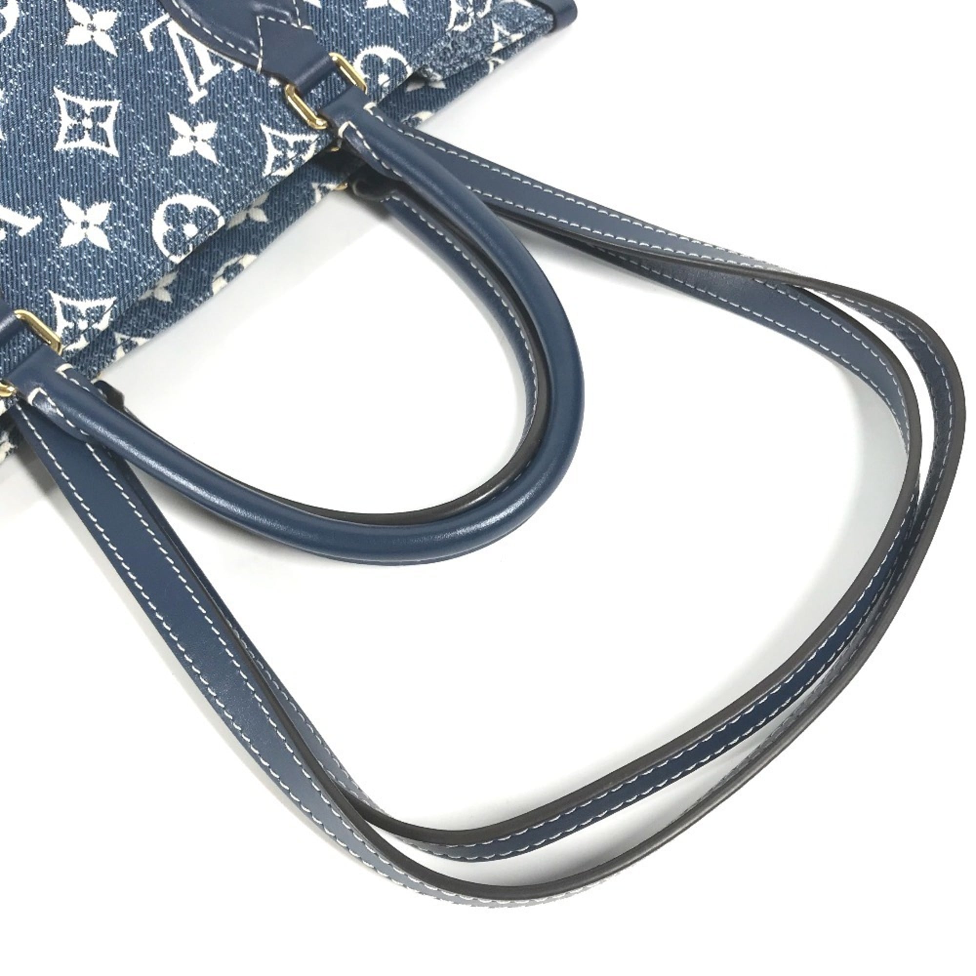 LOUIS VUITTON M59608 Monogram Denim Jacquard On the Go MM Bag Tote Shoulder Canvas Leather Women's Marine Blue D-240804-17 — Like New
