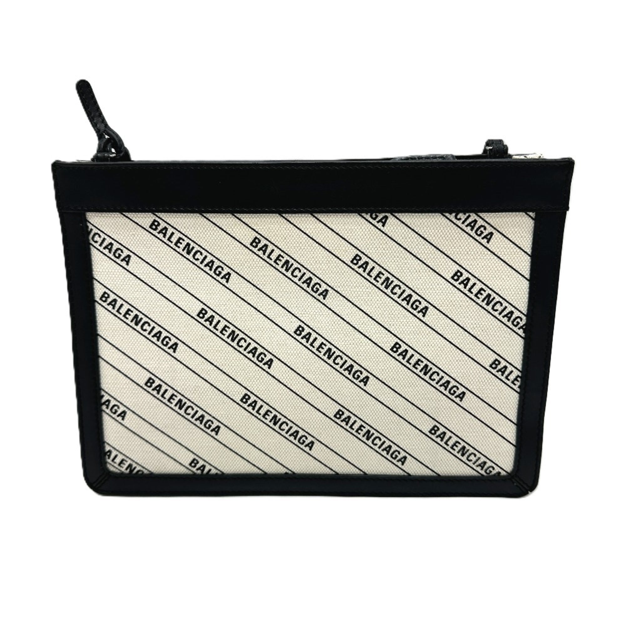 BALENCIAGA 528147 All-over print pochette bag, crossbody, shoulder leather, canvas, women's, white x black, like new — Like New