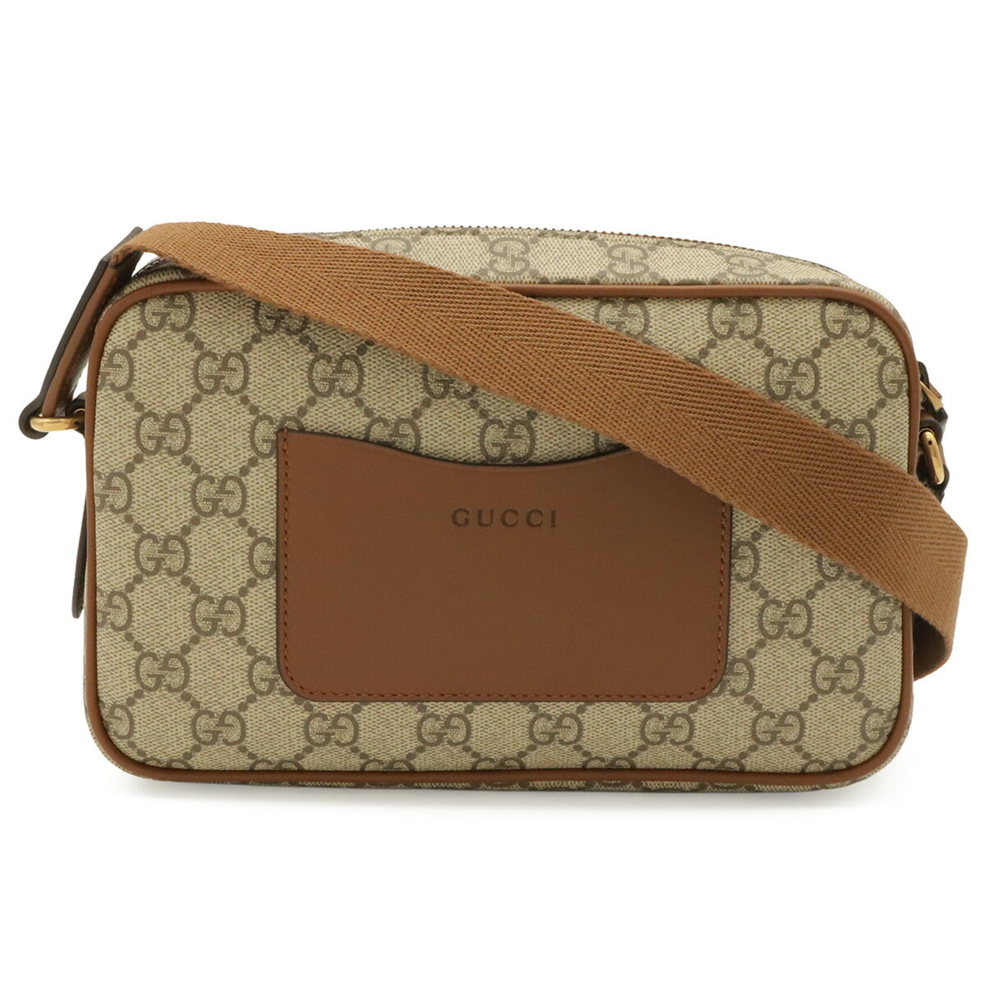 GUCCI GG Emblem Shoulder Bag, Canvas and Leather, Beige/Brown, 821216 — New - Store Return