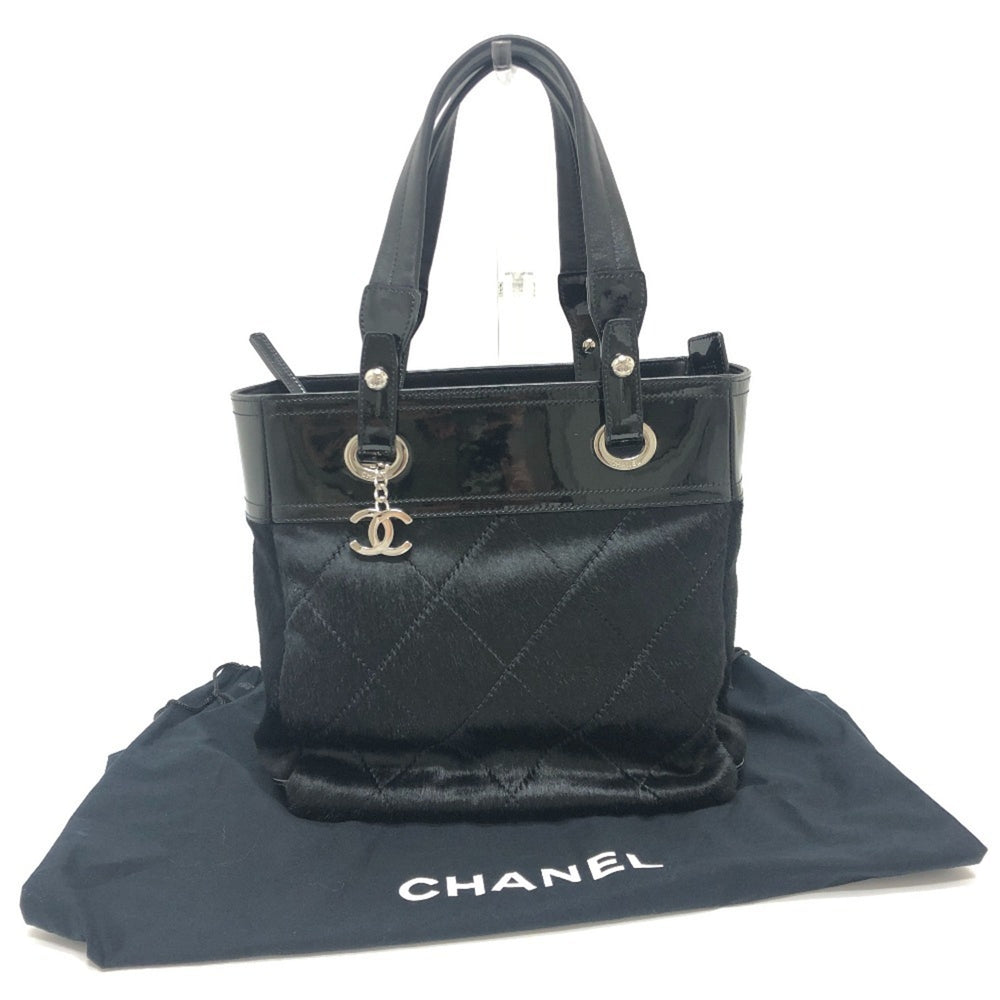 CHANEL A34208 CC Coco Mark Paris-Biarritz PM Enamel x Ponytail Leather Tote Bag Enamel/Ponytail Women's Black — Like New
