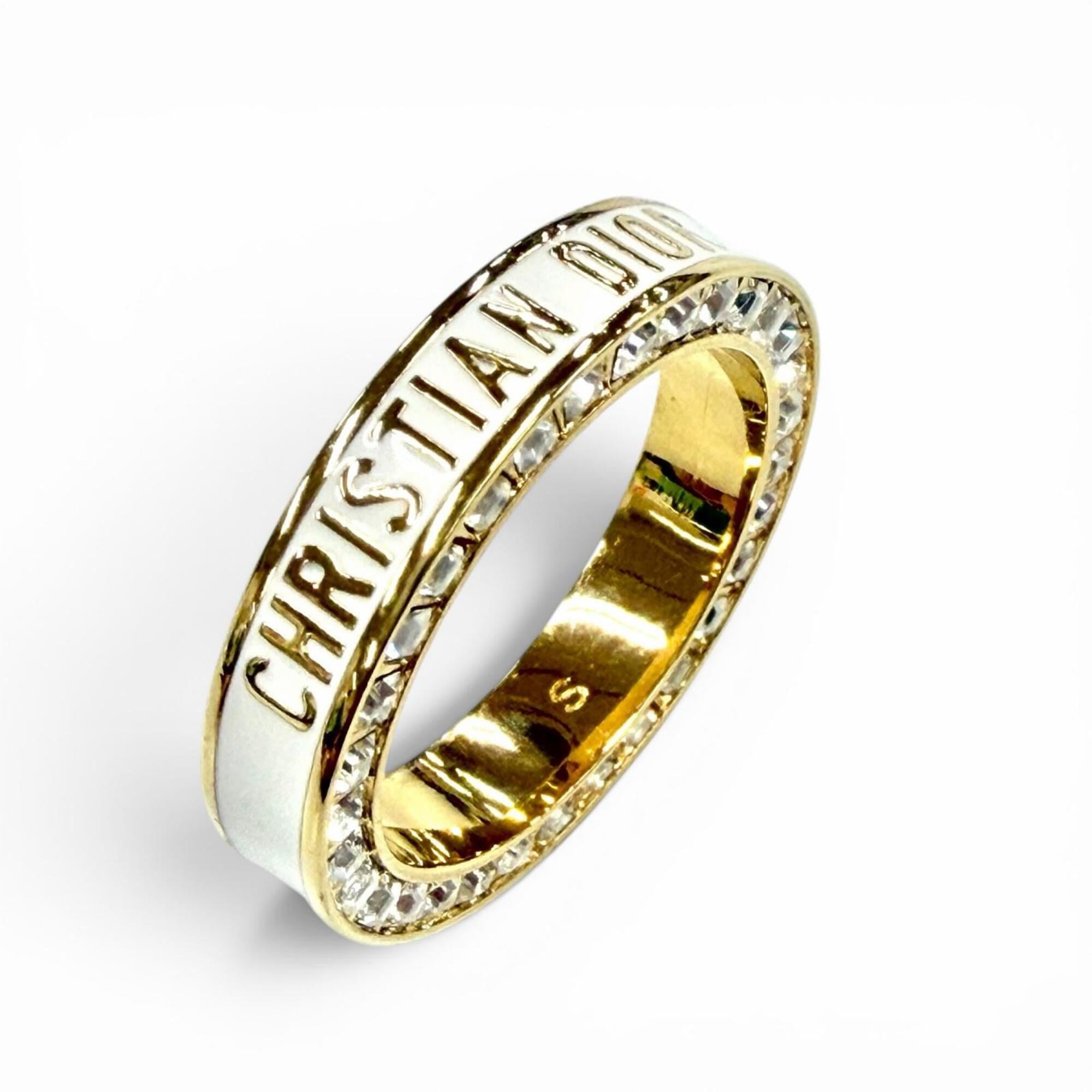 Christian Dior DIOR Night Code ring with crystal logo, rhinestones, and pavé crystals. White gold, size S. Women's. Comes box dust bag — Like New