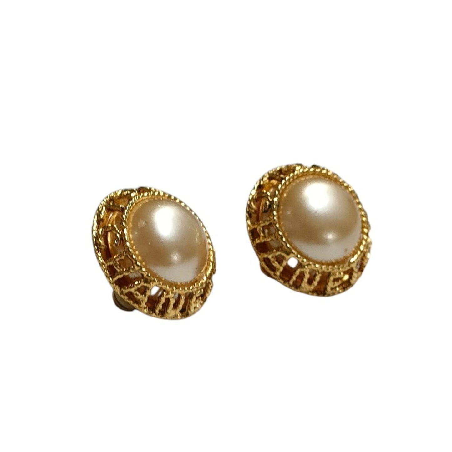 CHANEL Vintage Faux Pearl Circle Clip Earrings, Gold, with Box, Women's