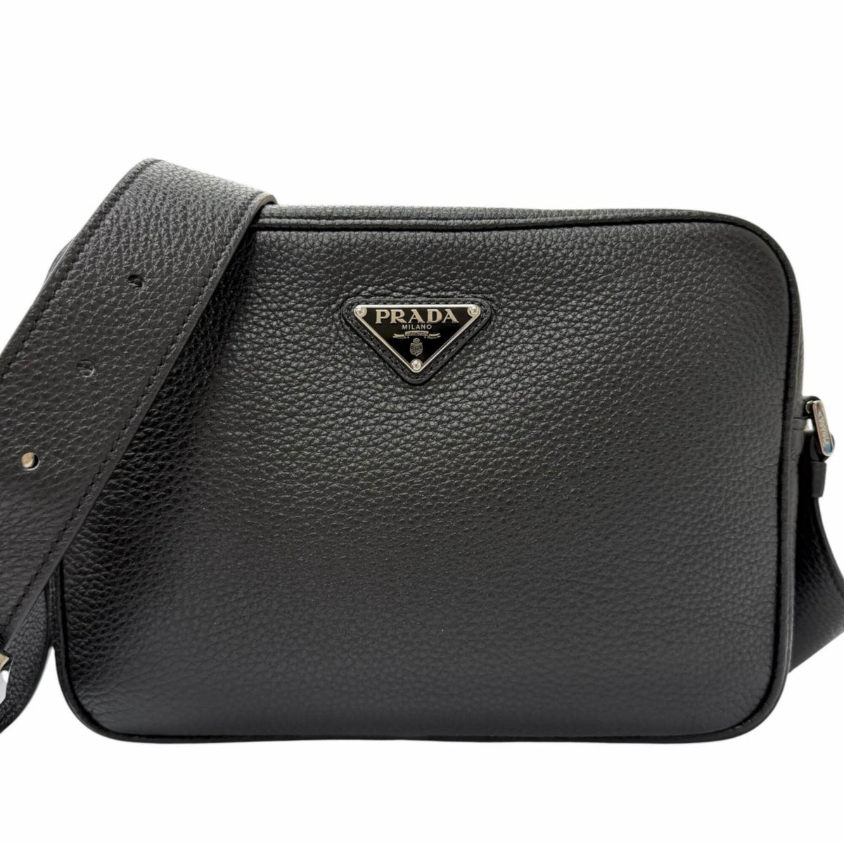 PRADA 2VH189 Leather Triangle Logo Crossbody Shoulder Bag, Black, Made in Italy, Recommended for Men — Like New