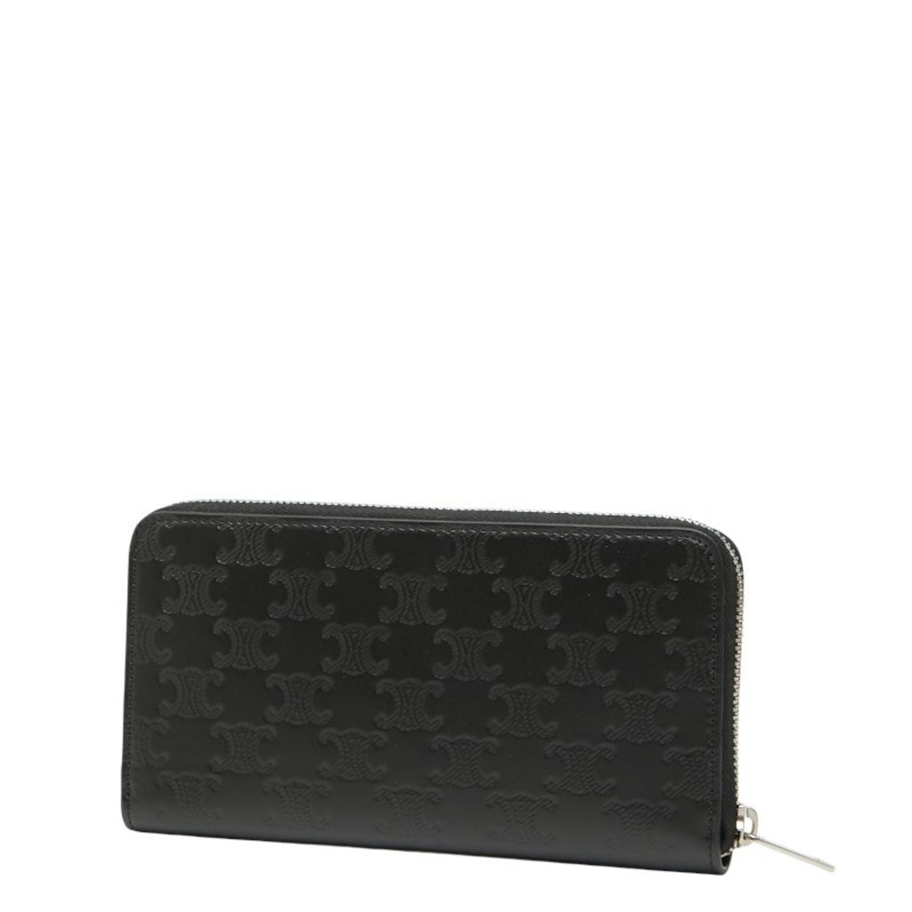 Celine Triomphe round zip long wallet in black leather for women.