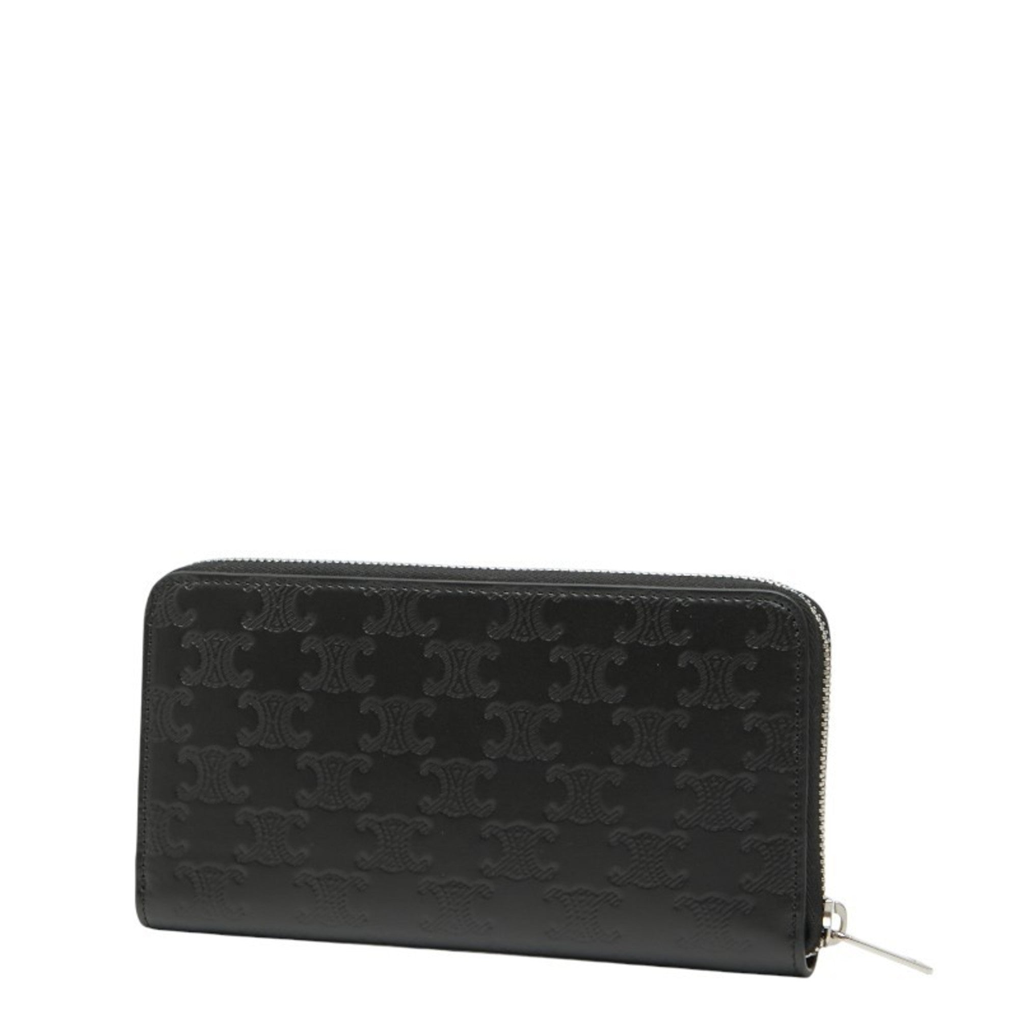 Celine Triomphe round zip long wallet in black leather for women.