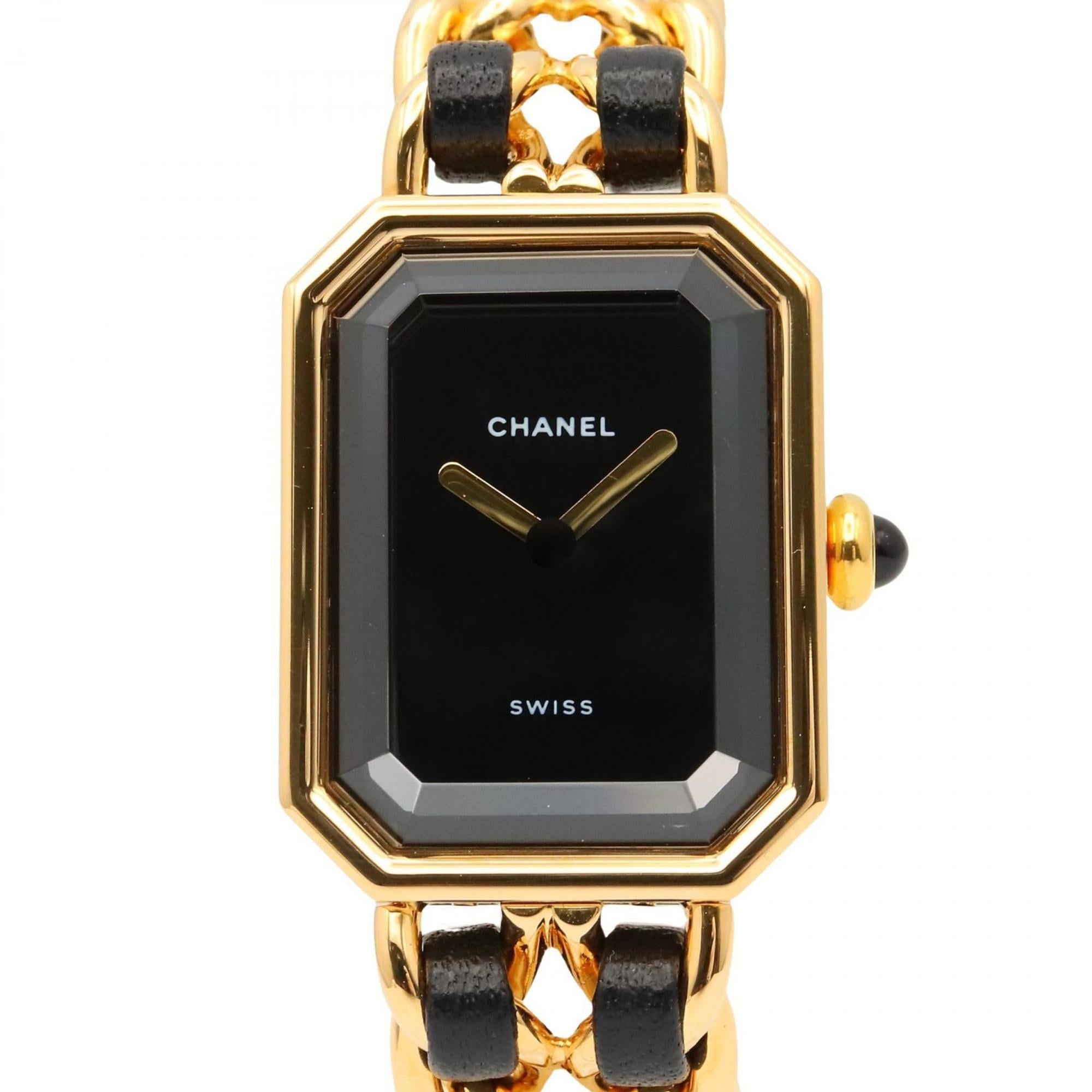 CHANEL Premiere S Watch, Gold-Plated, with Leather Strap, Black, Women's, H0001 — Very Good
