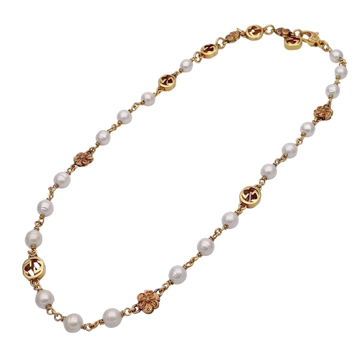 Gucci Women's Interlocking G Necklace with Faux Pearls and Gold Flowers