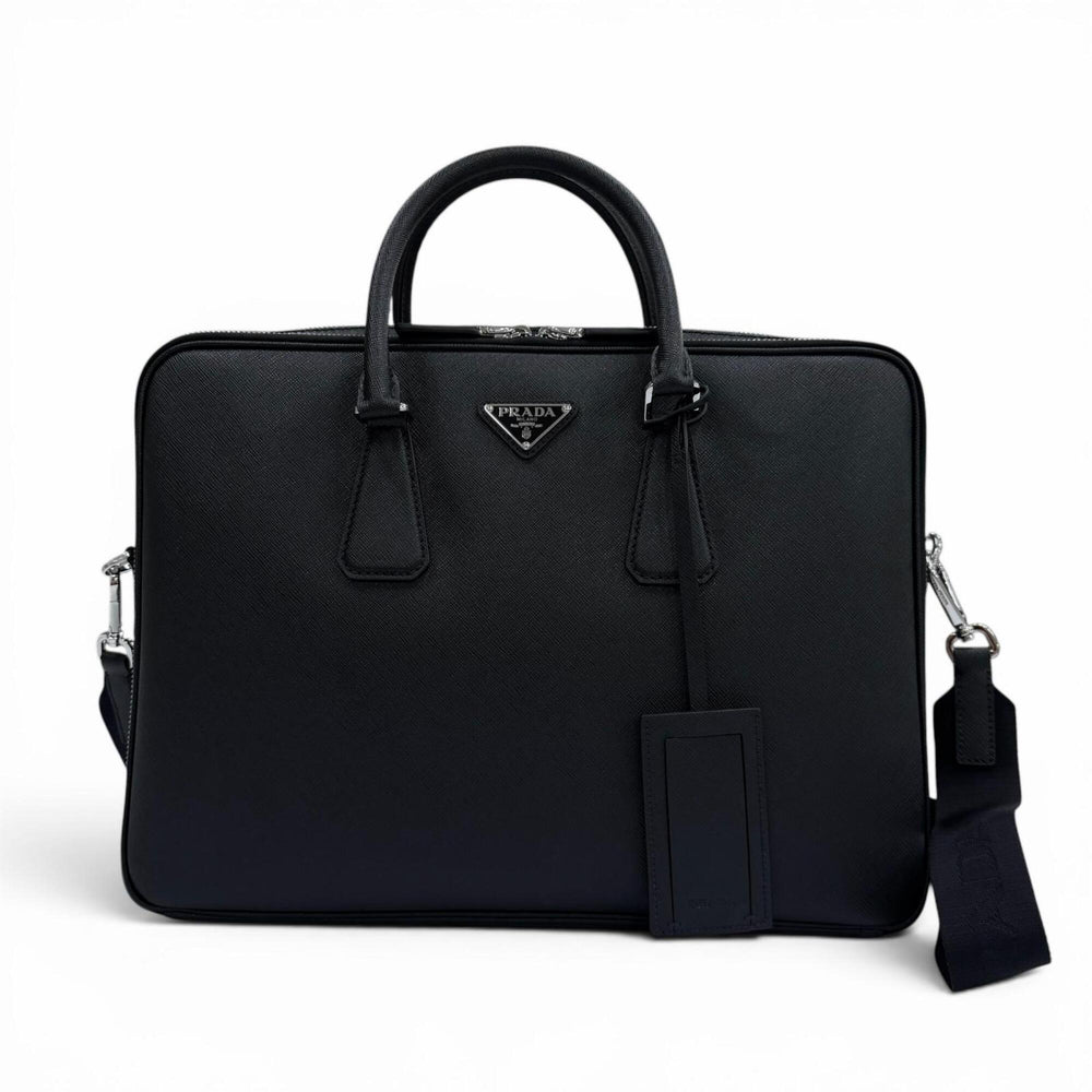 PRADA 2VE022 Saffiano Leather Triangle Logo 2-Way Briefcase Business Bag Black Made in Italy Men's — Like New