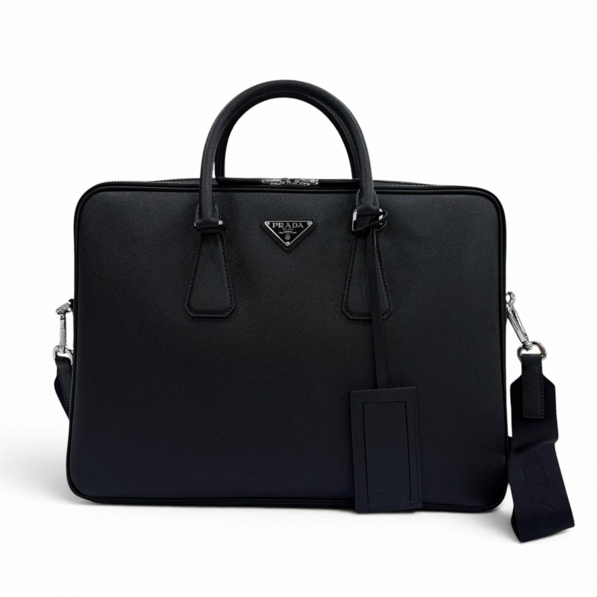 PRADA 2VE022 Saffiano Leather Triangle Logo 2-Way Briefcase Business Bag Black Made in Italy Men's — Like New
