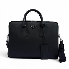 PRADA 2VE022 Saffiano Leather Triangle Logo 2-Way Briefcase Business Bag Black Made in Italy Men's — Like New