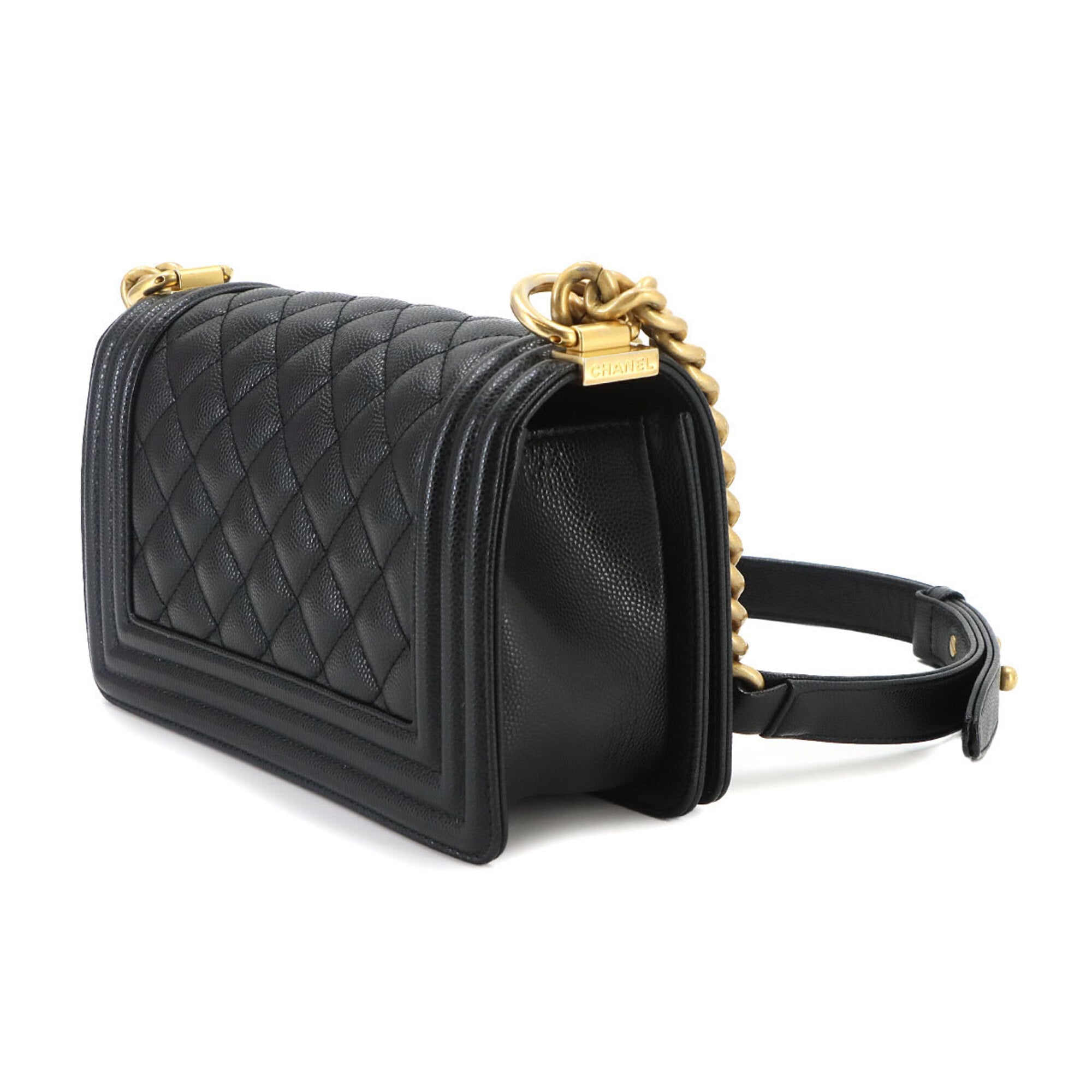 Chanel Boy Small Chain Shoulder Handbag, Caviar Leather, Black, A67085, Gold Hardware — Like New