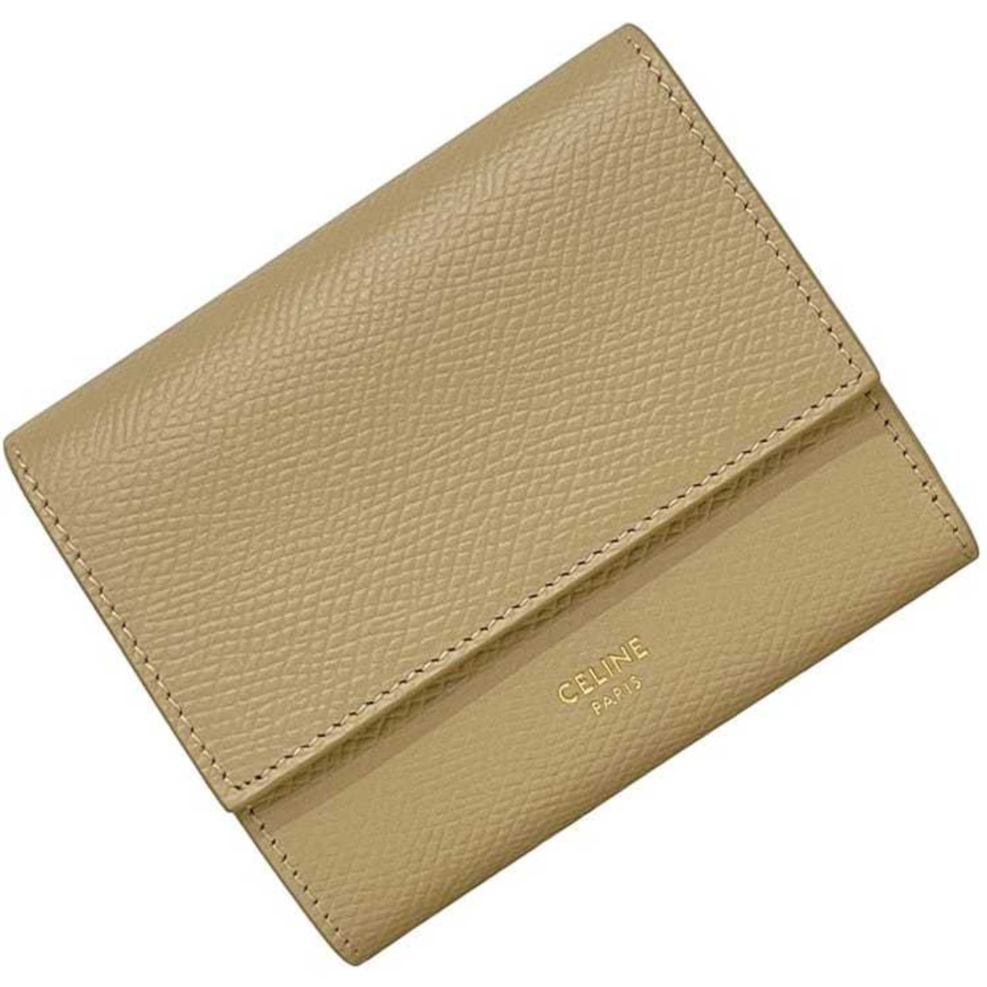 Celine Small Trifold f-24327 Beige 10B573BEL Leather W-IE-4169 CELINE Compact Grained Men's and Women's