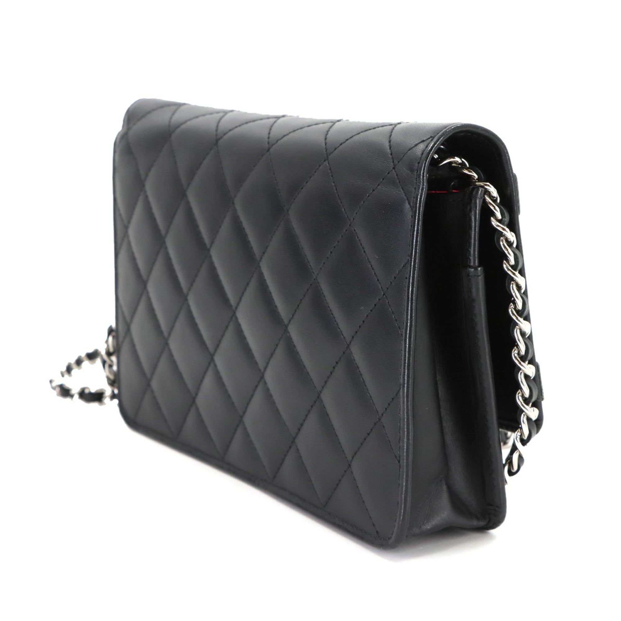 CHANEL Cambon Line Chain Wallet, Bifold Long Wallet in Calfskin Enamel, Black, A46646