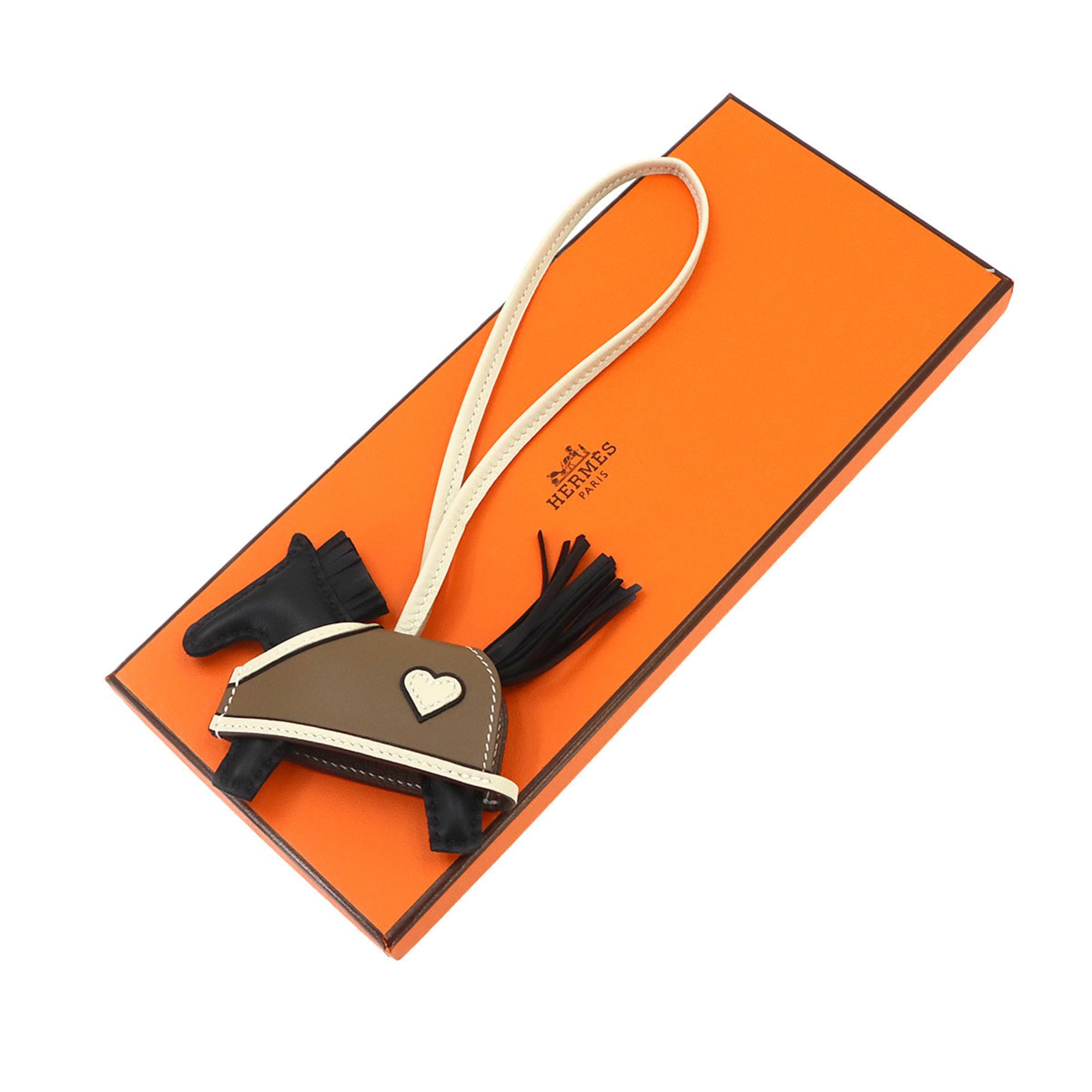 Hermes Rodeo Robeo Coeur PM accessory bag charm, Agneau Milo Swift leather, black, Etoupe, Craie, G stamp — New - Store Return