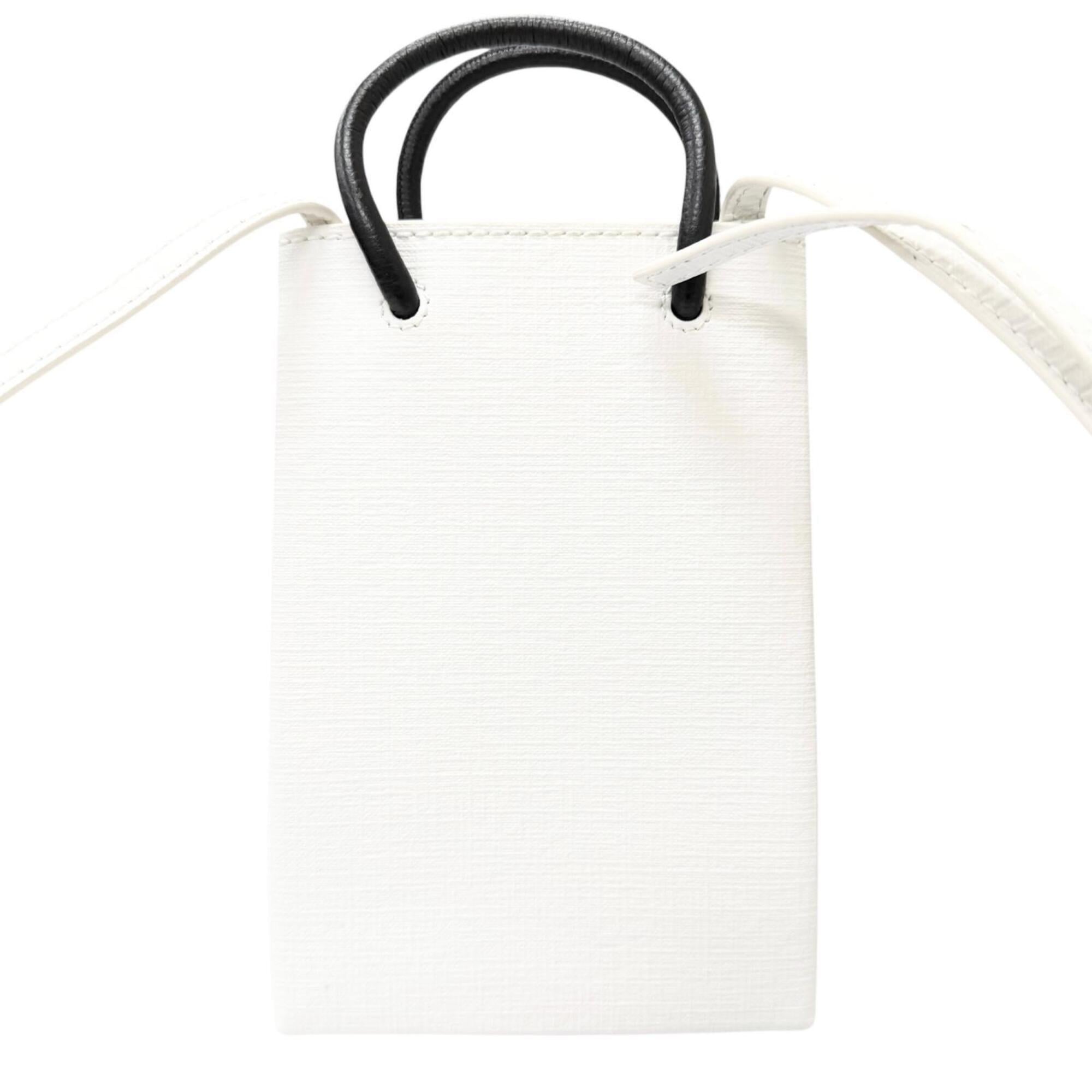 BALENCIAGA 593826 Logo Leather Shopping Phone Holder Shoulder Bag White Men's with Dust — Like New