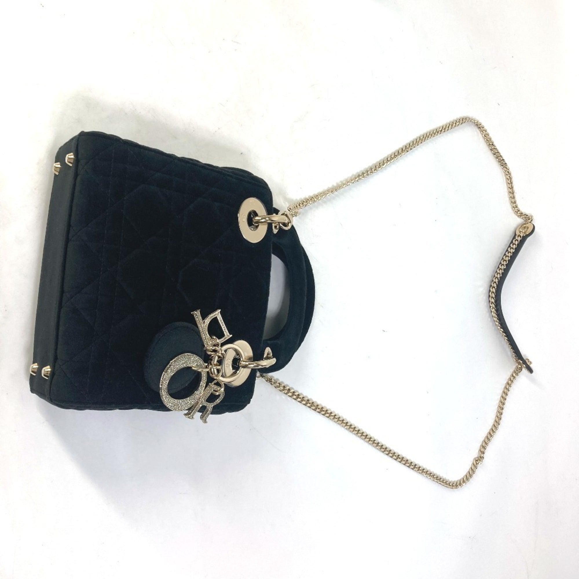 Christian Dior Dior Lady Chain Cannage Rhinestone Shoulder Bag Handbag Velour Leather Women's Black — New - Store Return