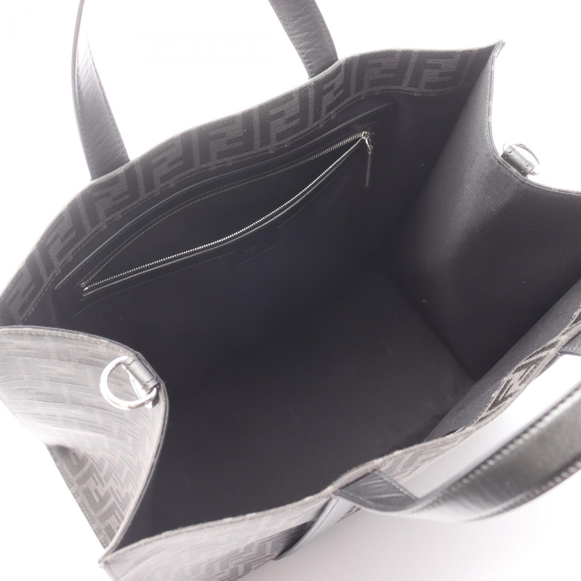 Fendi FF Jacquard Tote Bag, Canvas and Leather, Women's, Black Gray, 7VA390