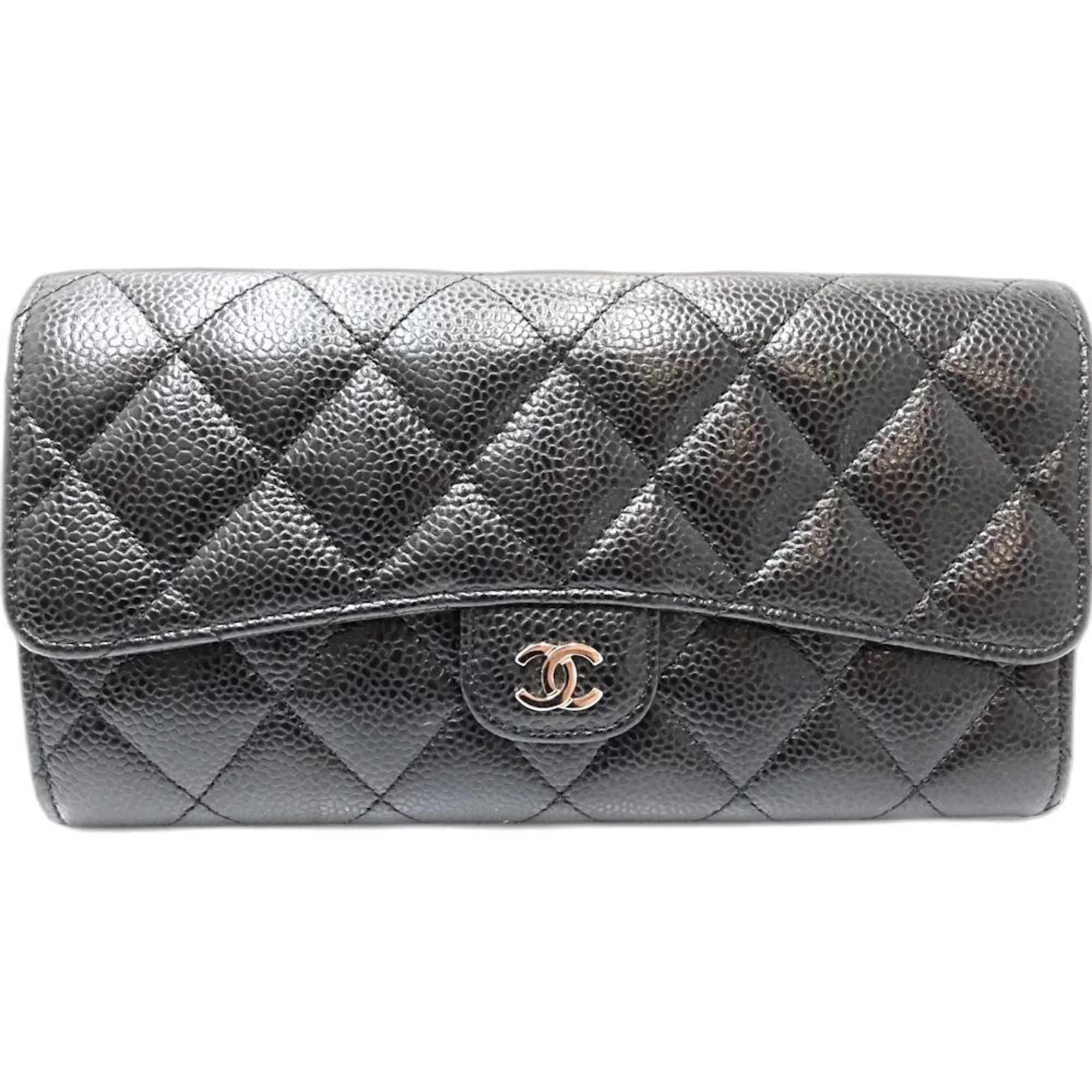 CHANEL Matelasse Classic Long Wallet A80758, Caviar Leather, Black, Women's, 181871