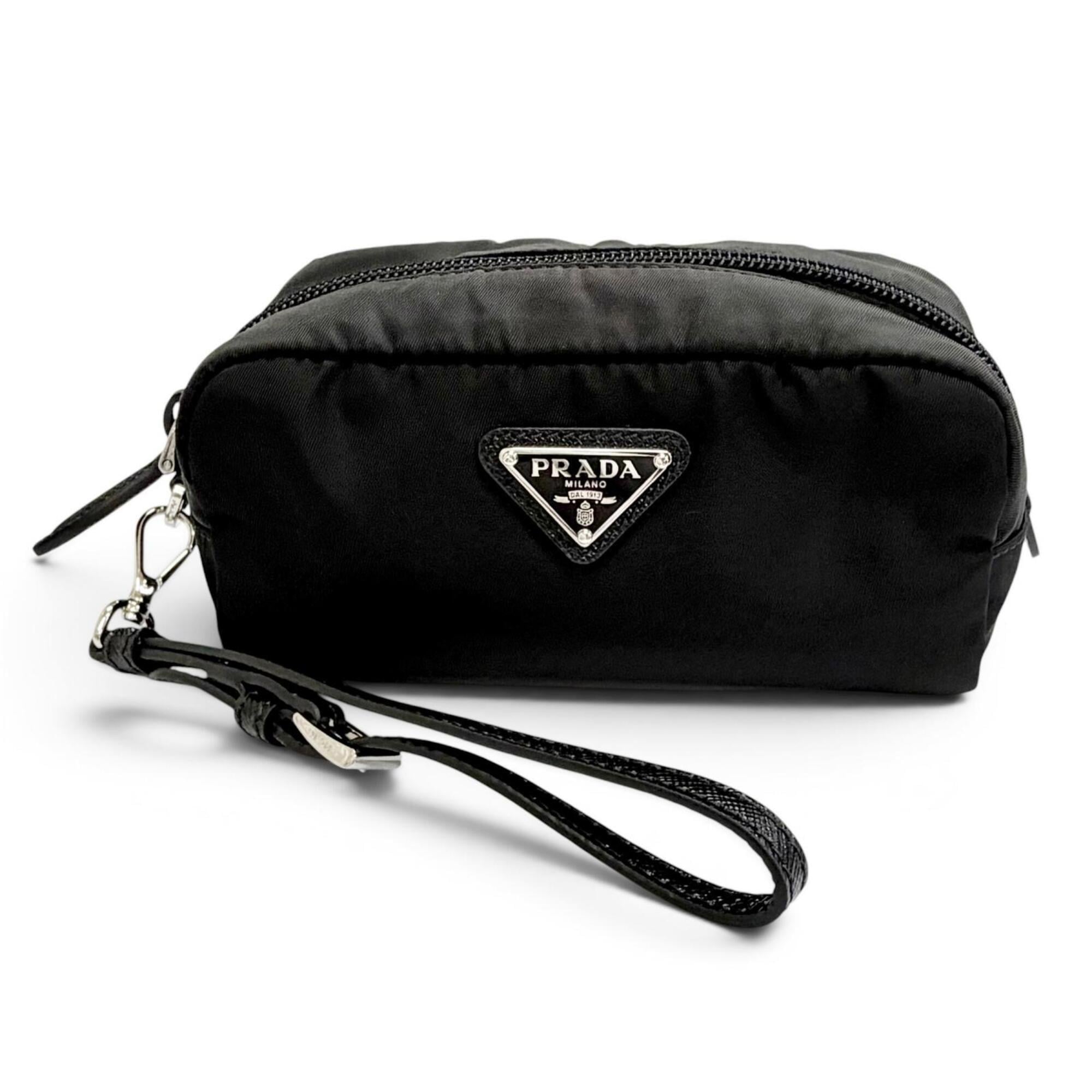 PRADA 1NS175 Vera Re-Nylon Mini Pouch Small Current Model Triangle Logo Plate Cosmetic Black Made in Italy Women's — Like New