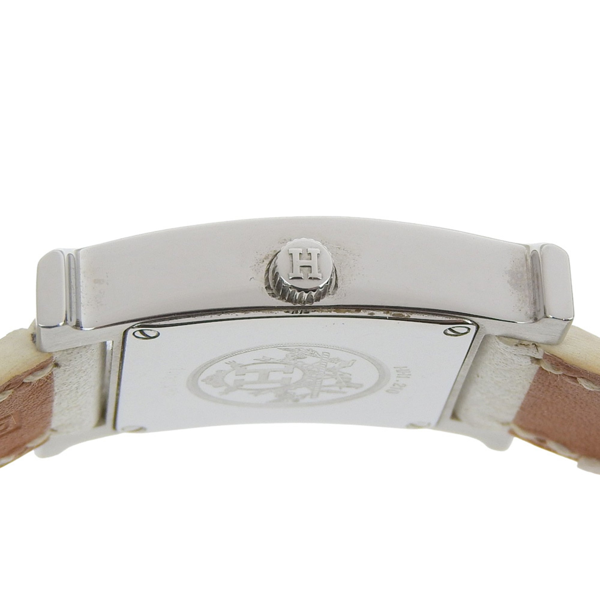 Hermès H Watch Double Tour HH1.210, stainless steel and smooth leather, made in France, 2012, silver P quartz movement, analog display, white dial, Heure watch for women — Good