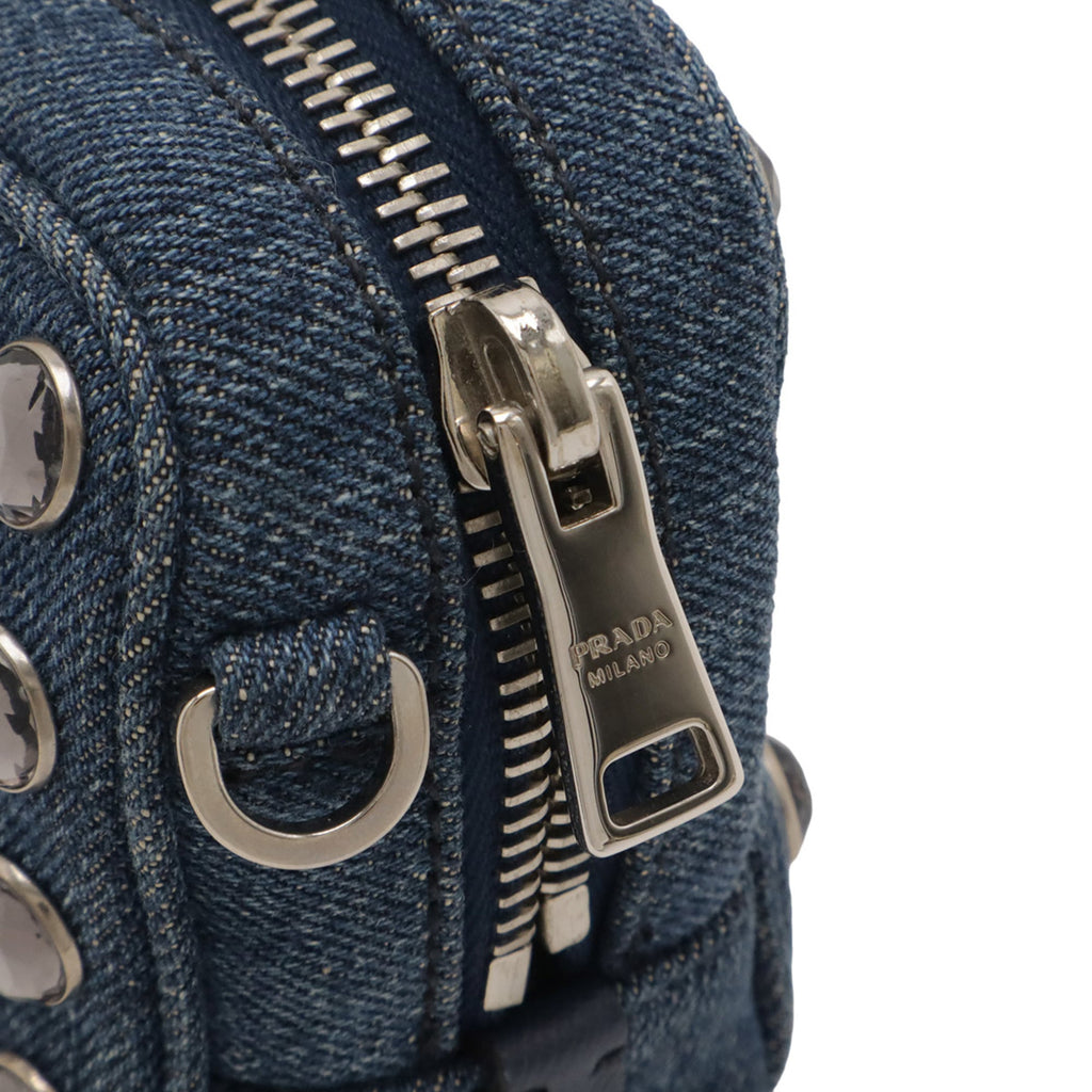 PRADA Prada Shoulder Bag Pochette Pouch Denim Beaded Leather Blue 1N1674