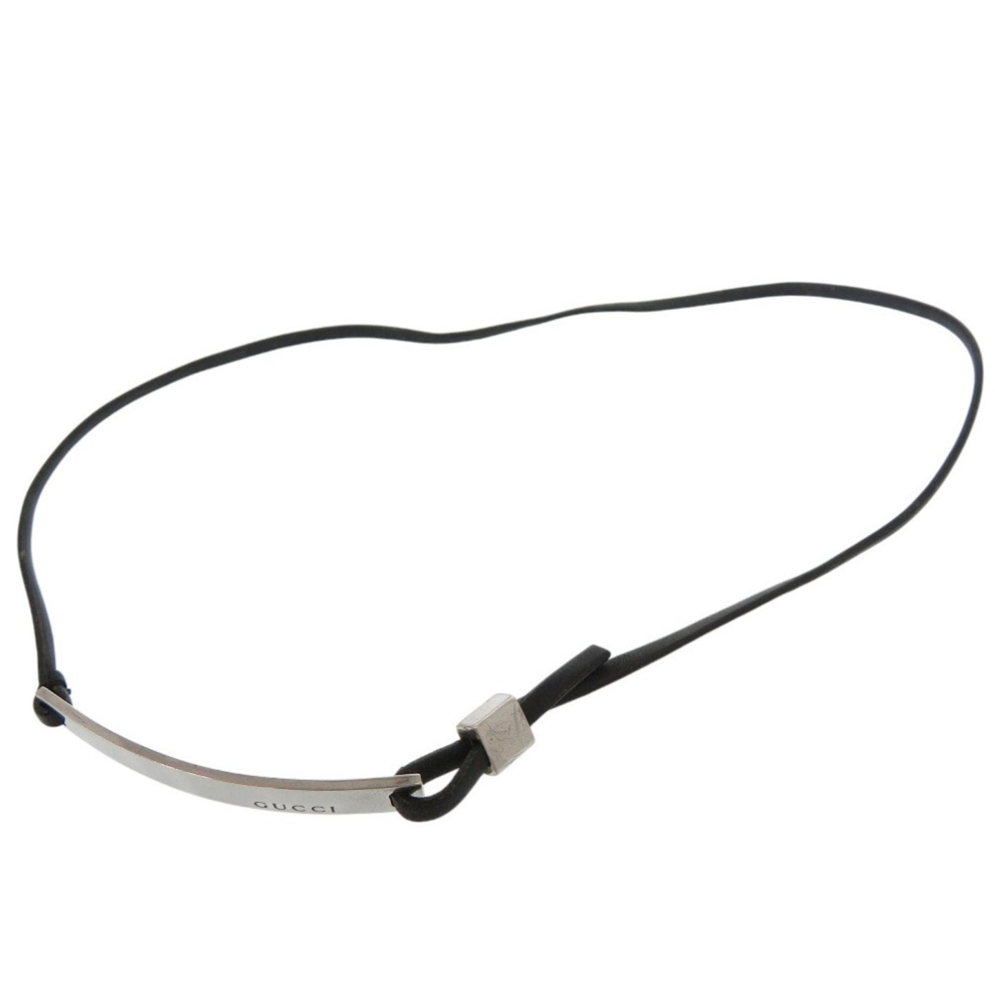 Gucci logo plate choker necklace in 925 silver and black leather. 1708 GUCCI