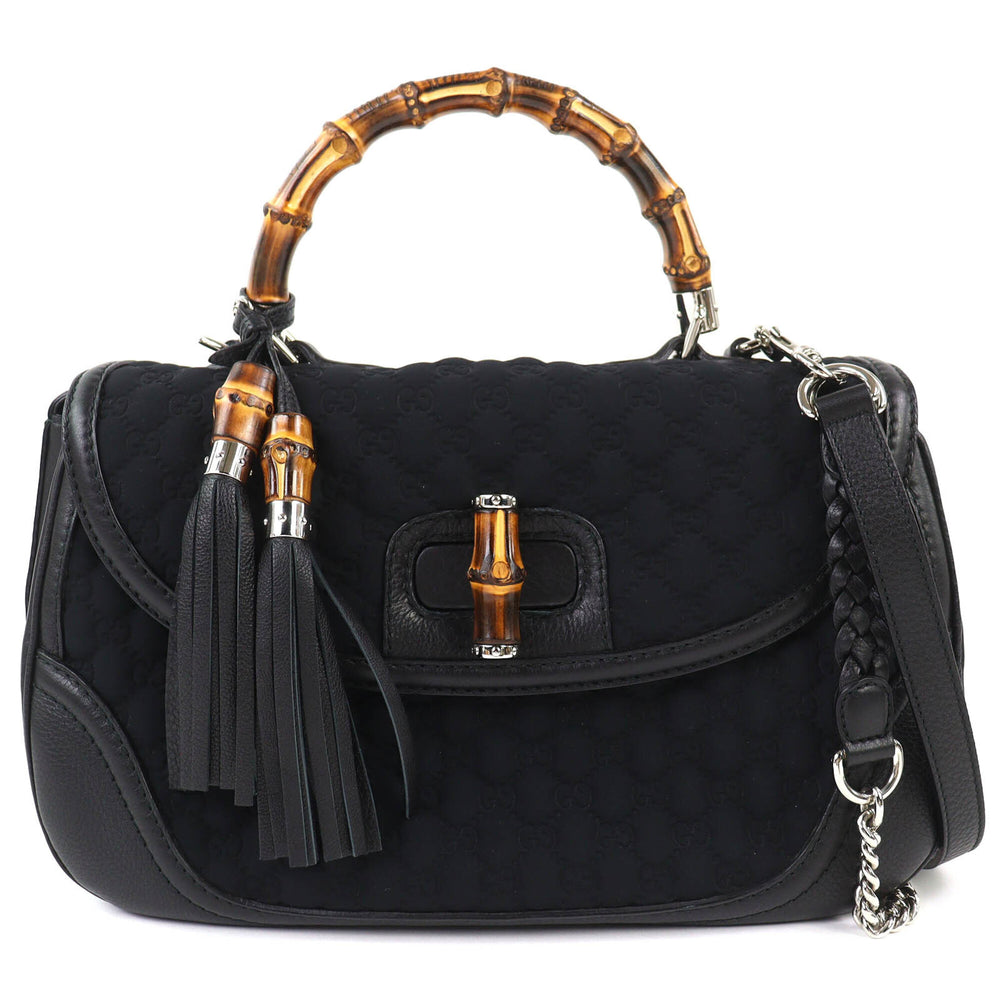 GUCCI 240241 Leather Microssima New Bamboo 2-Way Handbag Chain Shoulder Bag Black Silver Hardware with Dust Made in Italy Women's — Like New