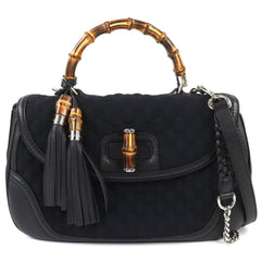 GUCCI 240241 Leather Microssima New Bamboo 2-Way Handbag Chain Shoulder Bag Black Silver Hardware with Dust Made in Italy Women's — Like New