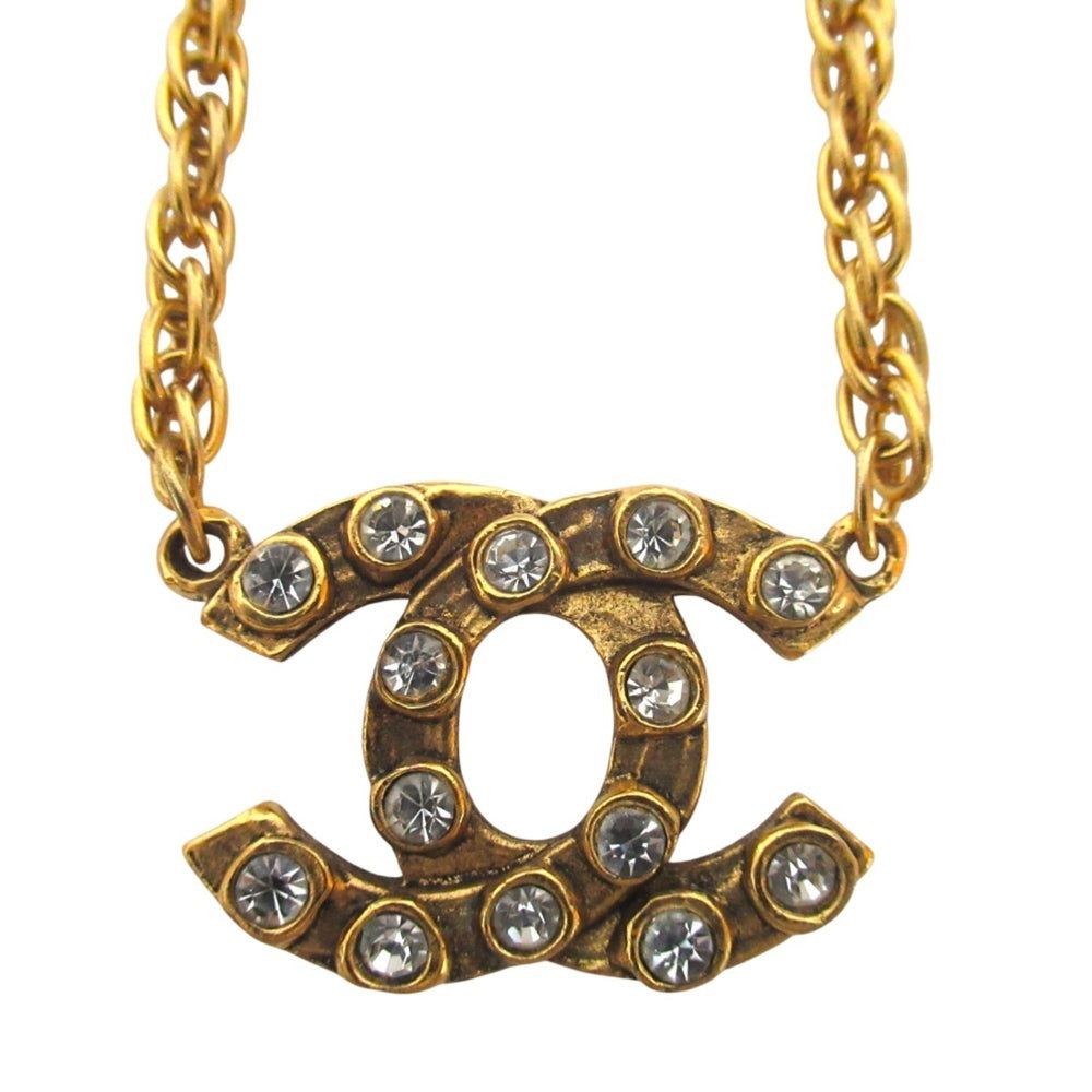 CHANEL Coco Mark Rhinestone Chain Necklace, GP Gold Color, Women's — Like New