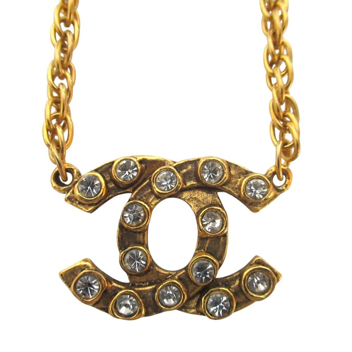 CHANEL Coco Mark Rhinestone Chain Necklace, GP Gold Color, Women's — Like New