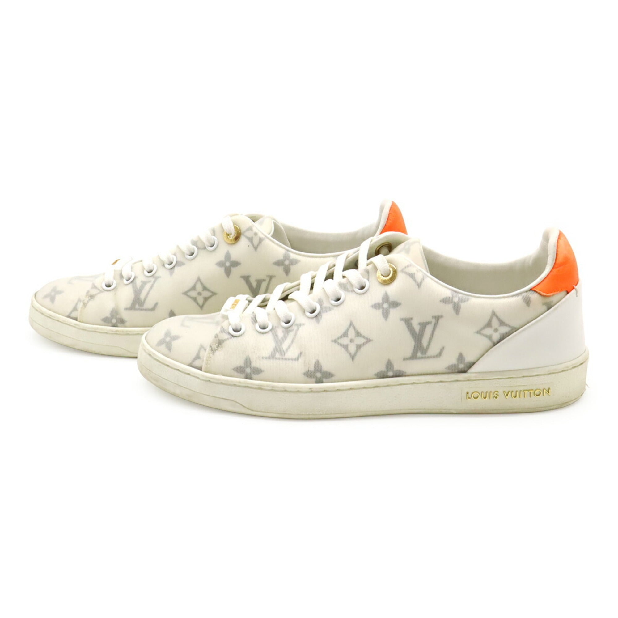 LOUIS VUITTON Front Row Line Sneakers, Monogram Fabric, White and Orange, #37 1/2, Japanese Size: Approx. 24cm