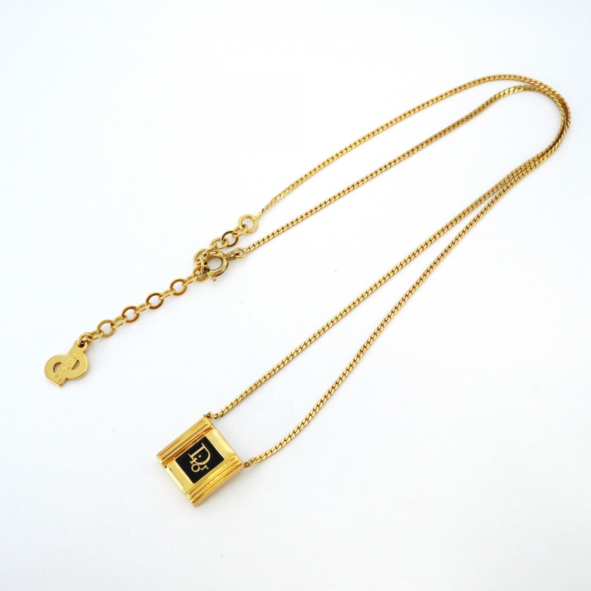 Christian Dior Square Necklace, GP Plated Gold, Black, Women's