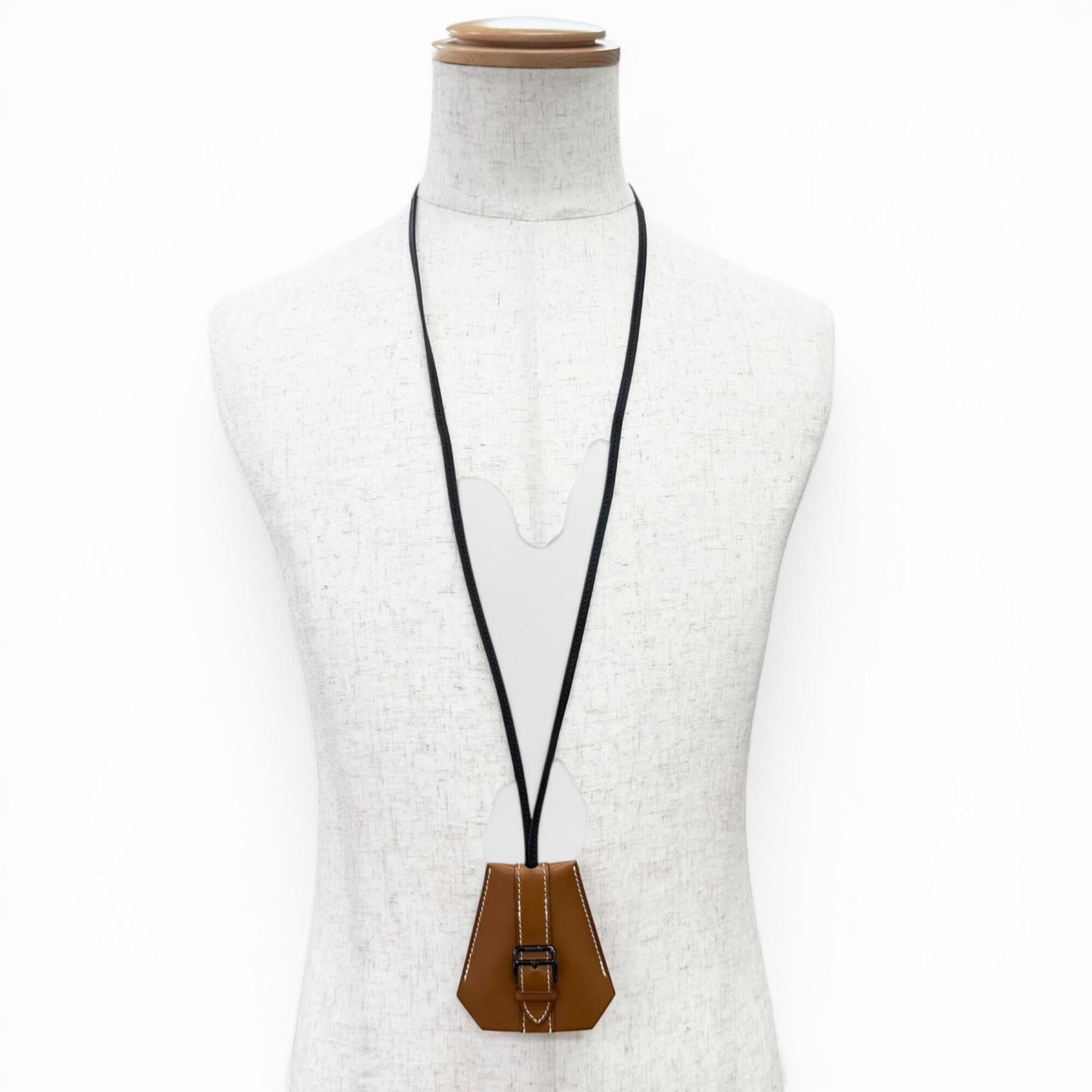 HERMES Hermes Clochette Buckle Long Necklace, Leather, Fauve Black, Silver Hardware, K Stamp, Current Model, Made in France, Men's, Comes with Box and Dust Bag — Like New