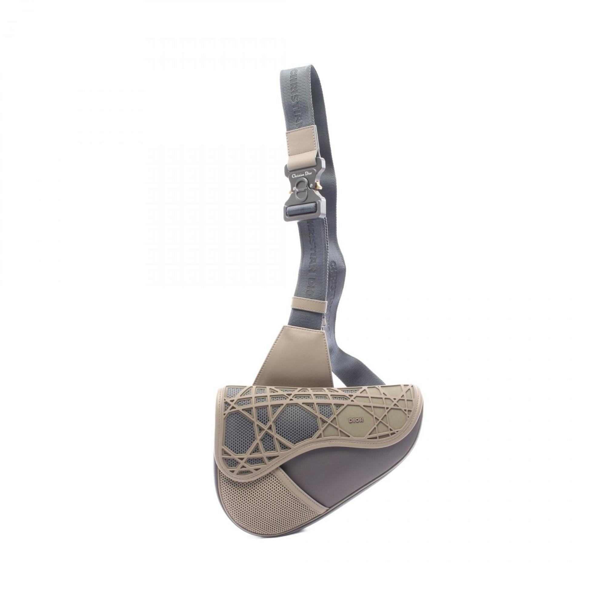 Christian Dior Dior SADDLE Saddle Bag, Waist Body Handbag, Nylon, Leather, Mesh, Rubber, Men's, Gray, Beige