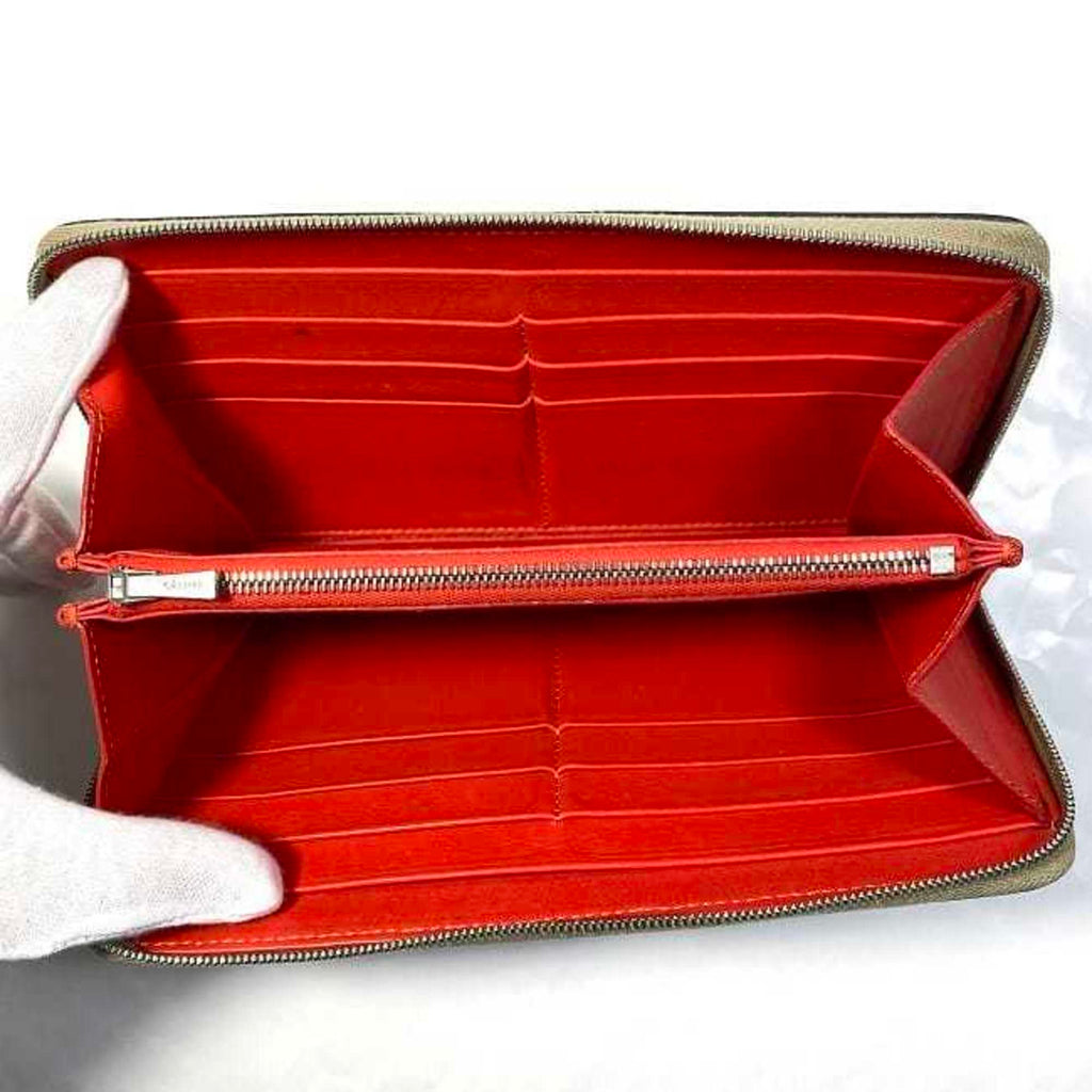 CELINE Round Long Wallet Beige Red Silver Leather Zip Ladies