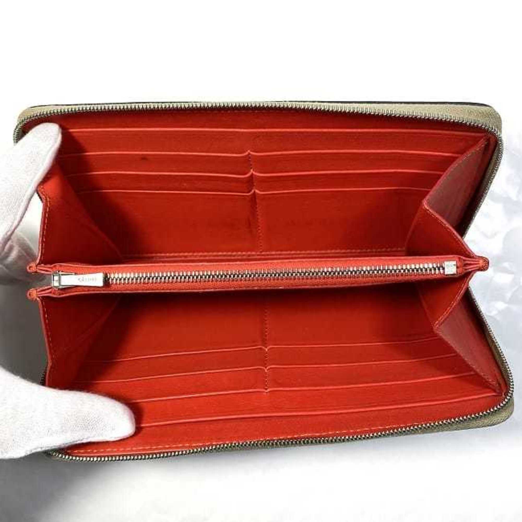 CELINE Round Long Wallet Beige Red Silver Leather Zip Ladies