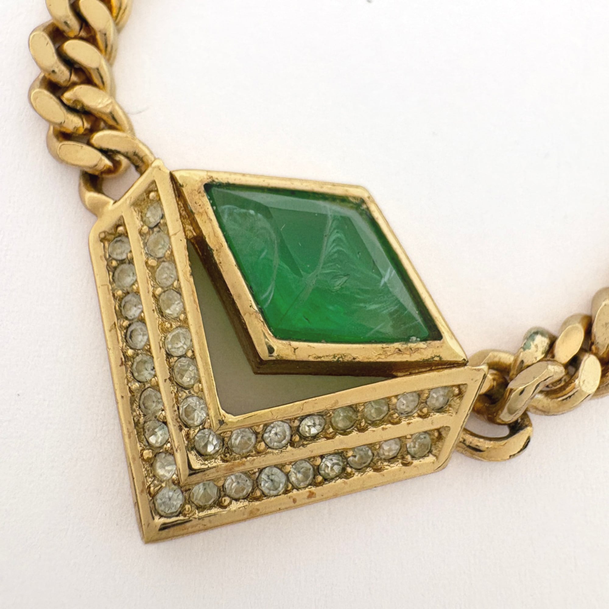 Christian Dior Rhinestone Chain Necklace, Color Stone GP Gold, Green, Women's