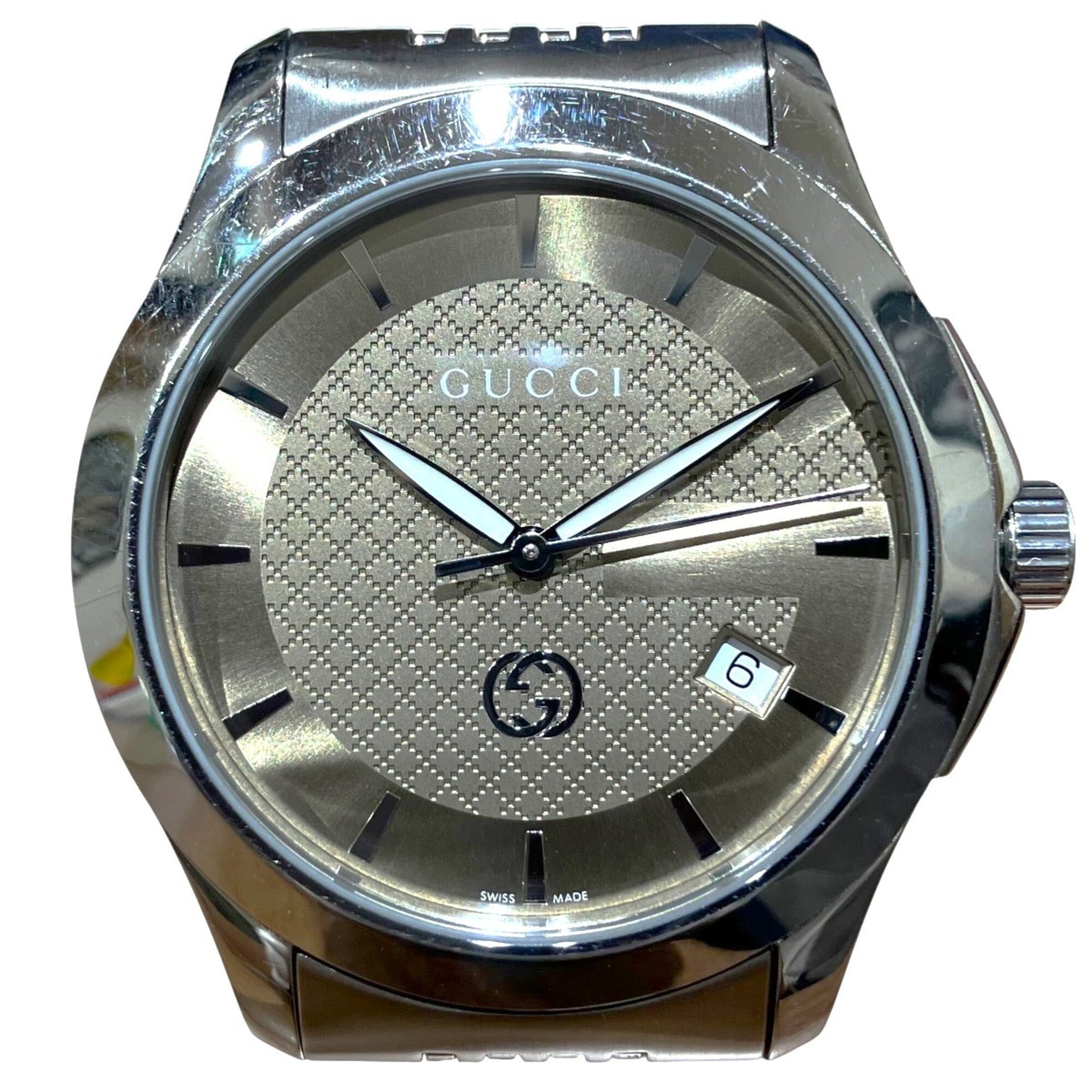 Gucci G-Timeless watch, total weight 96.4g, stainless steel, quartz movement, light brown dial. 126.4 — Good