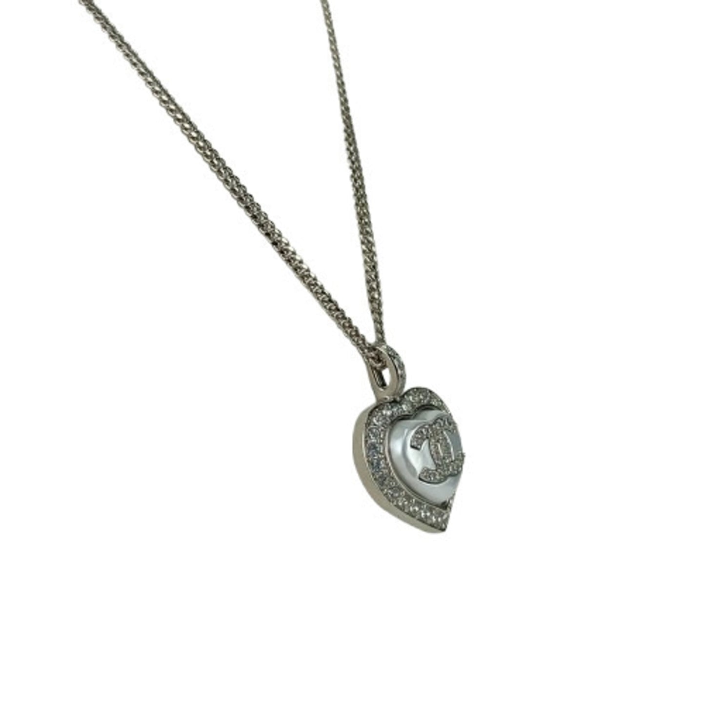 CHANEL Coco Mark Heart Necklace ABB617, Silver Metal with Rhinestones and Faux Pearls, Women's