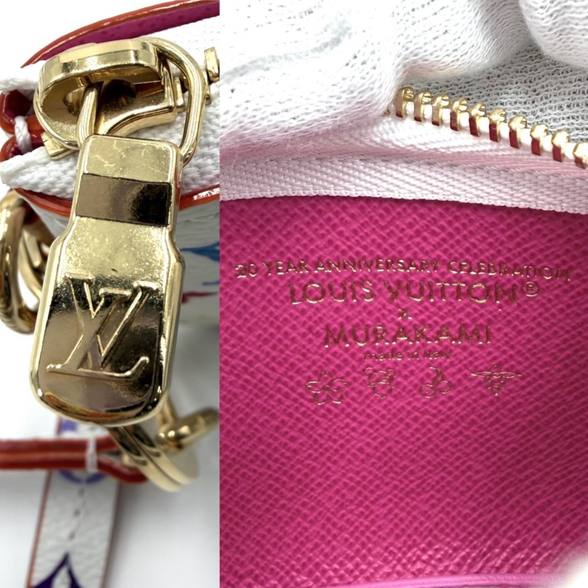 Louis Vuitton Keychain for Women, Monogram, Takashi Murakami, Phone Holder, LV x TM, Small Item, Pouch, LOUIS VUITTON M14099, White, Multicolor, Gold Hardware — Like New