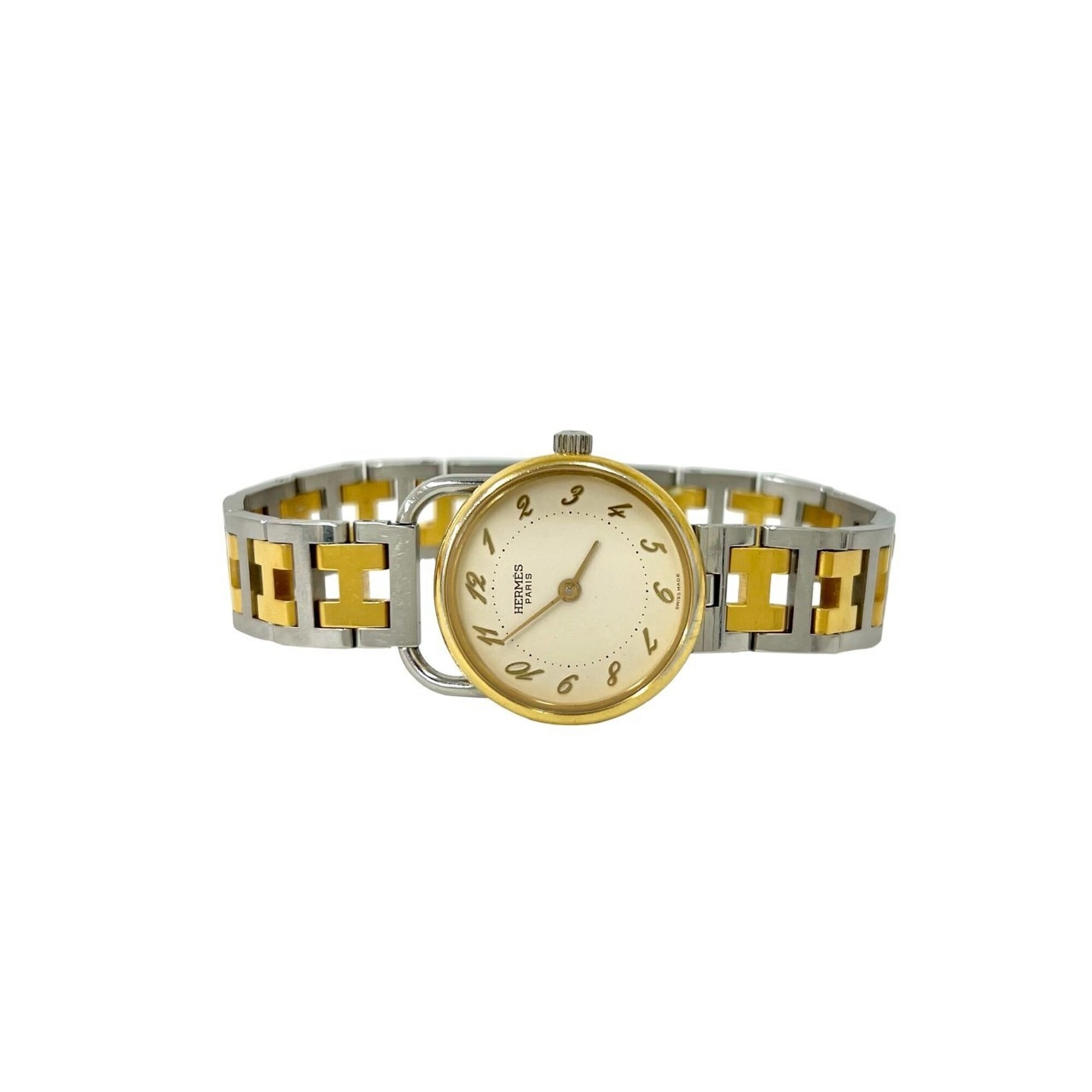 HERMES Arceau H Logo Belt Stainless Steel GP Quartz Wristwatch Silver Gold 34591 — Good