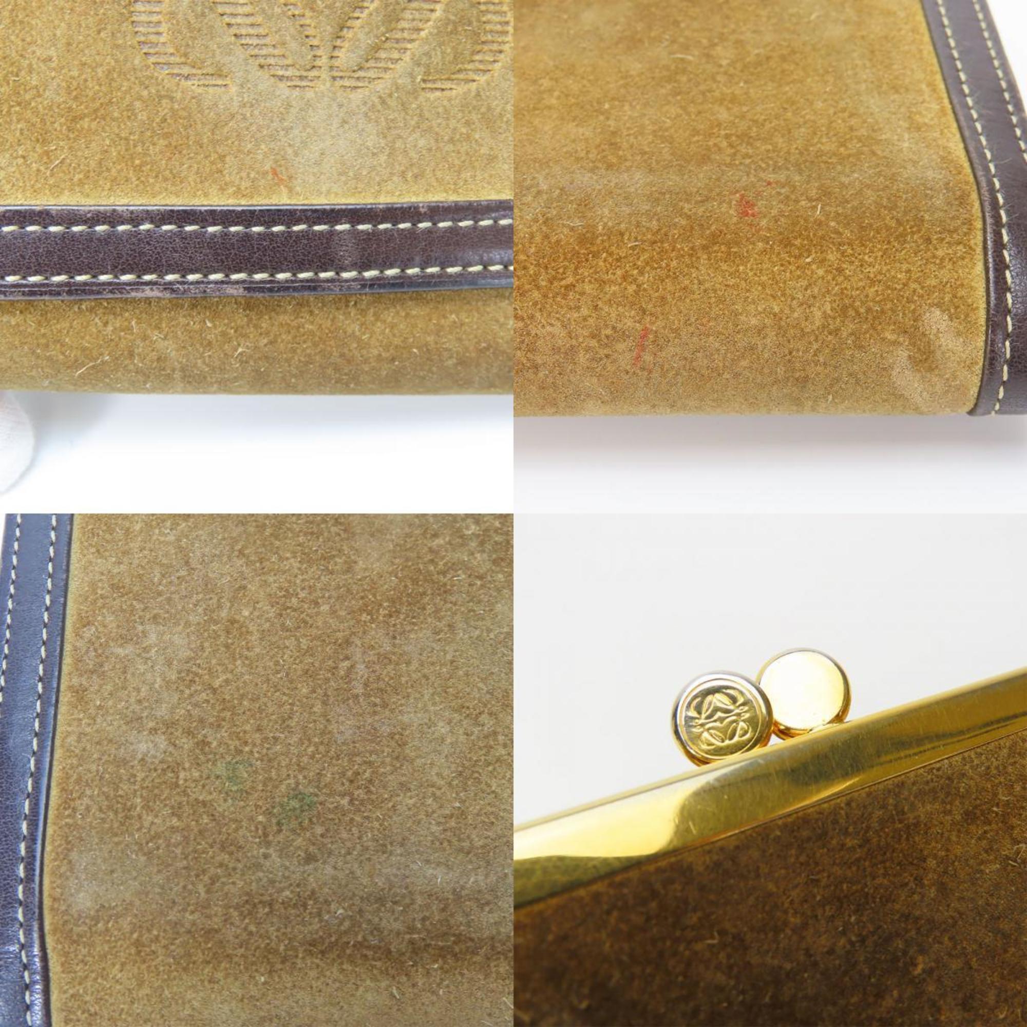 LOEWE Tri-fold Wallet Suede Leather Khaki Brown Anagram Accessory Women's