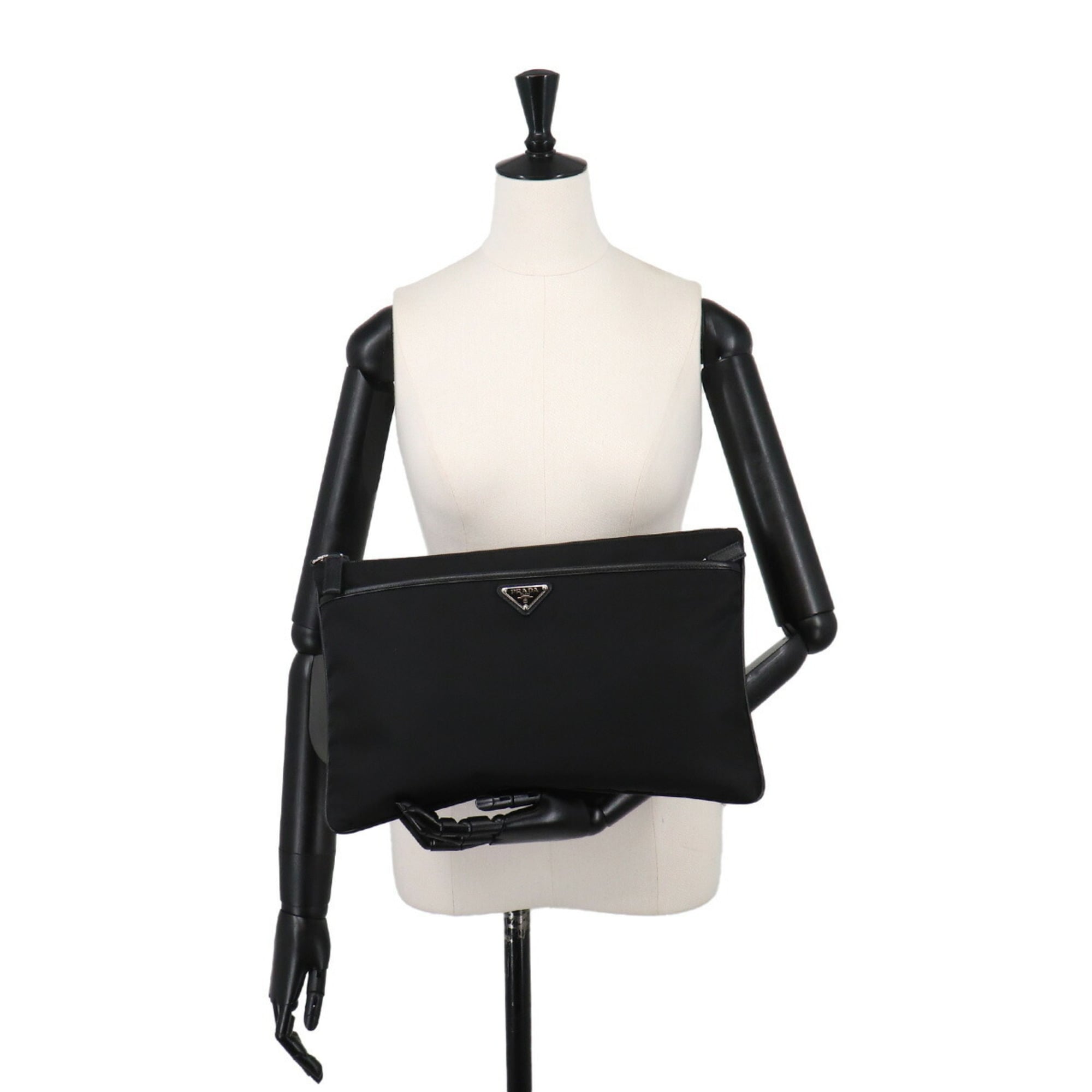 Prada Clutch Handbag, Nylon & Saffiano Leather, Black, 2VN012 — Like New