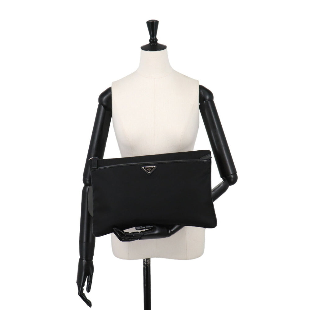 Prada Clutch Handbag, Nylon & Saffiano Leather, Black, 2VN012 — Like New
