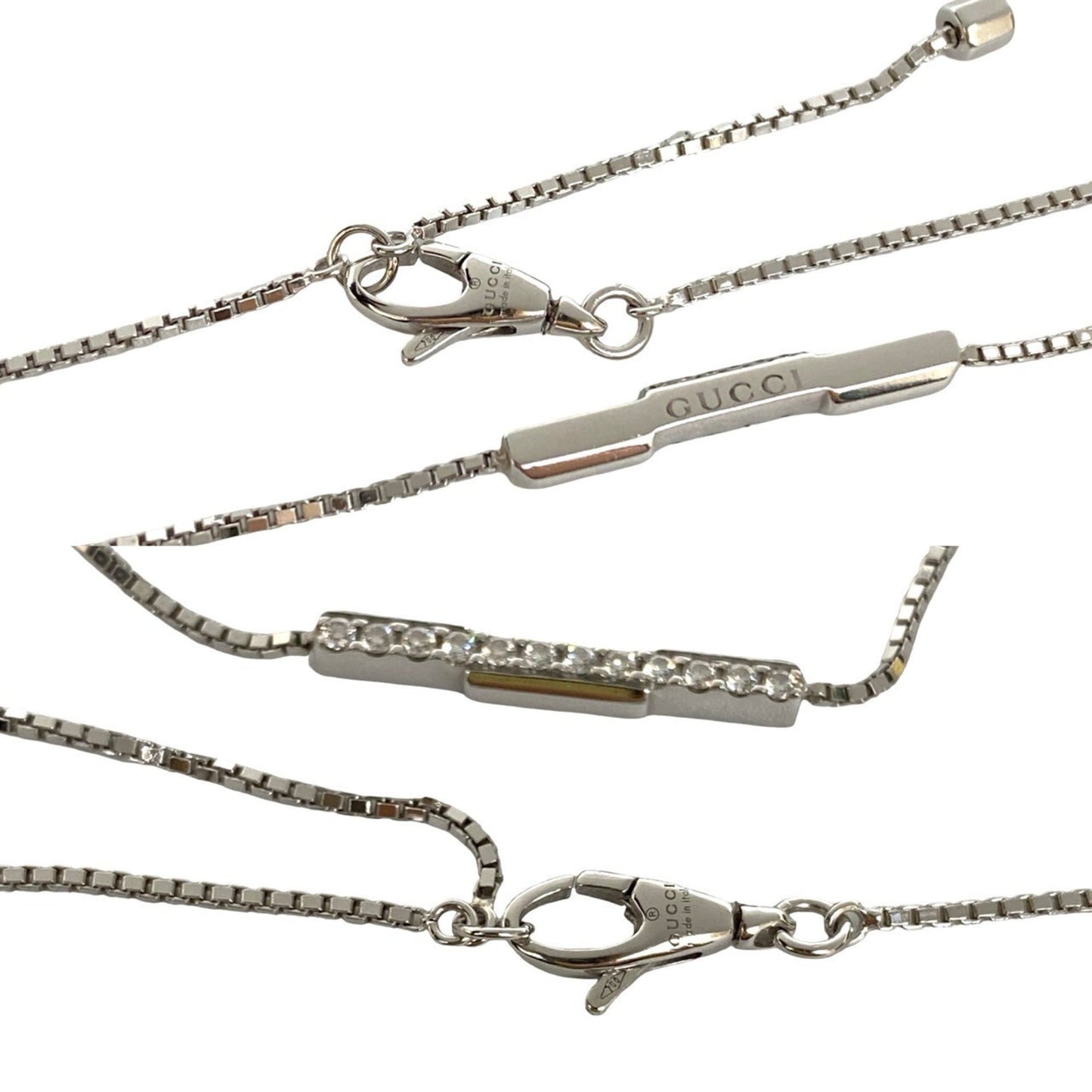 GUCCI Link to Love Bar Pendant in 18K White Gold with Diamond Chain and Silver Necklace, 24534