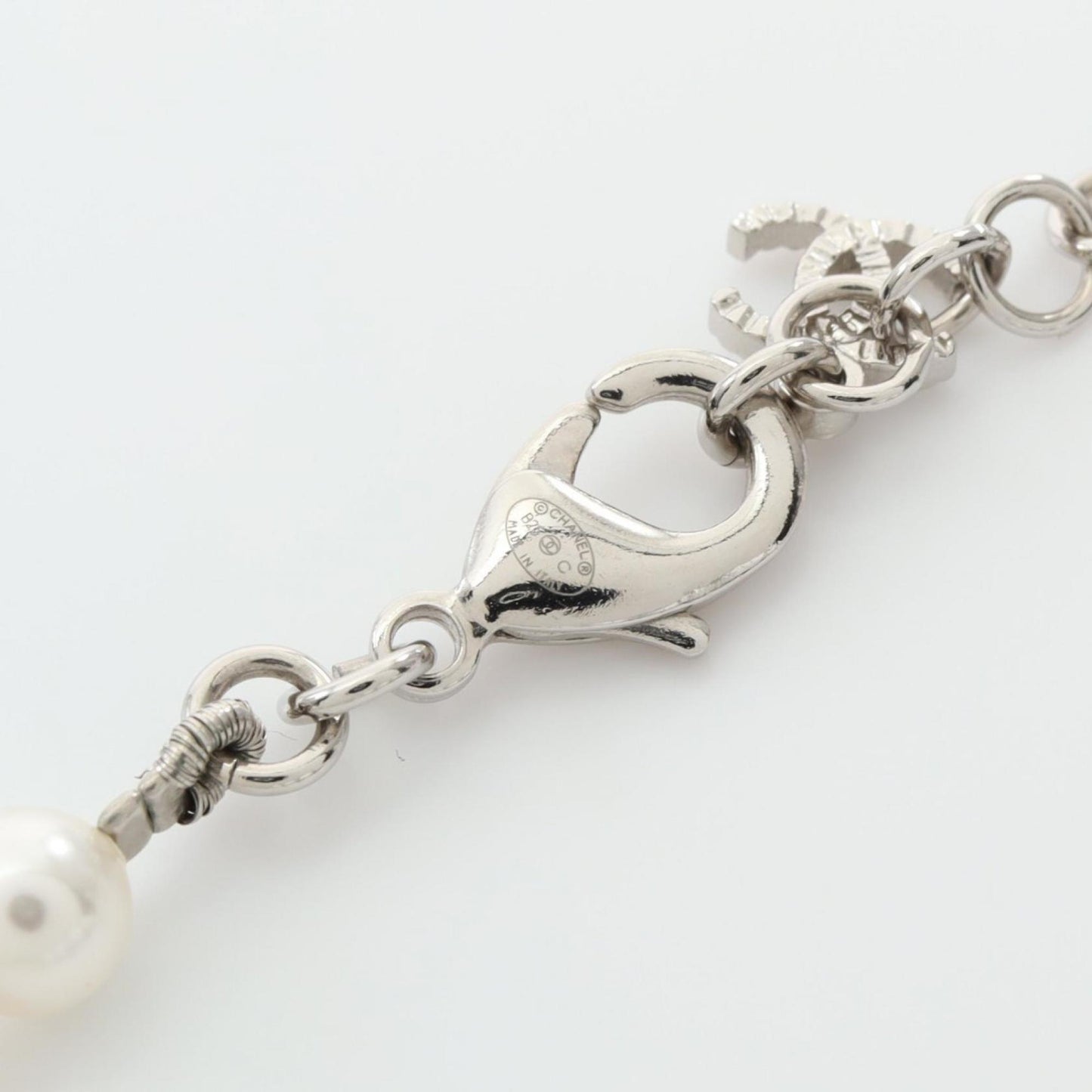 Chanel Coco Mark Necklace in Stainless Steel with Faux Pearls, Silver and Ivory, ABE925