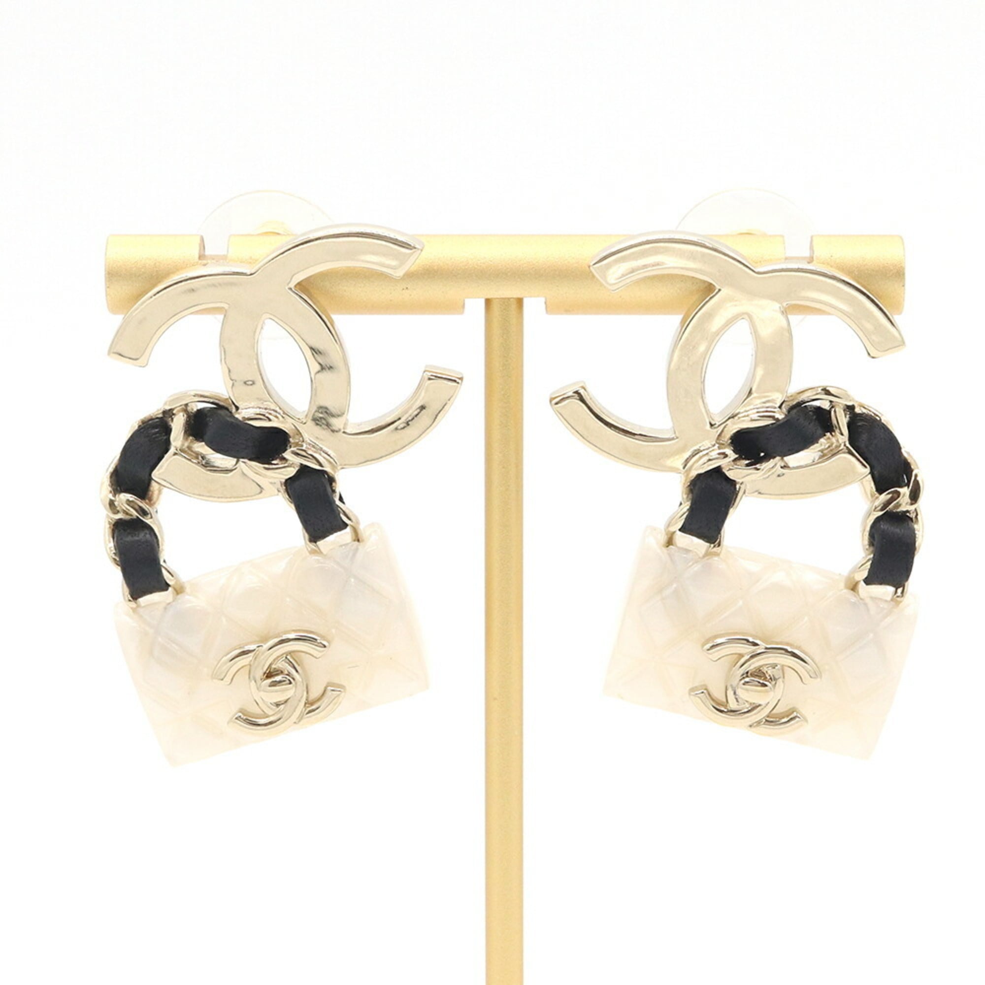 Chanel Earrings ABA008 White Black Matte Gold Resin Leather Metal B23C 2023 Model Year Coco Mark Matelassé Women's CHANEL — Like New
