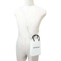 BALENCIAGA 593826 Logo Leather Shopping Phone Holder Shoulder Bag White Men's with Dust — Like New